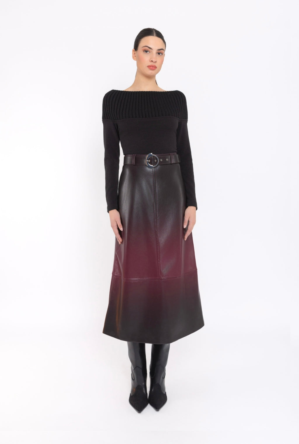 Arggido Faux Leather Belted Skirt – Black & Merlot, Style 49012