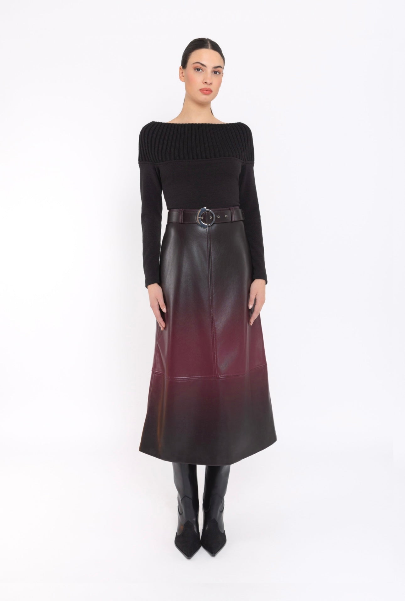 Arggido Faux Leather Belted Skirt – Black & Merlot, Style 49012