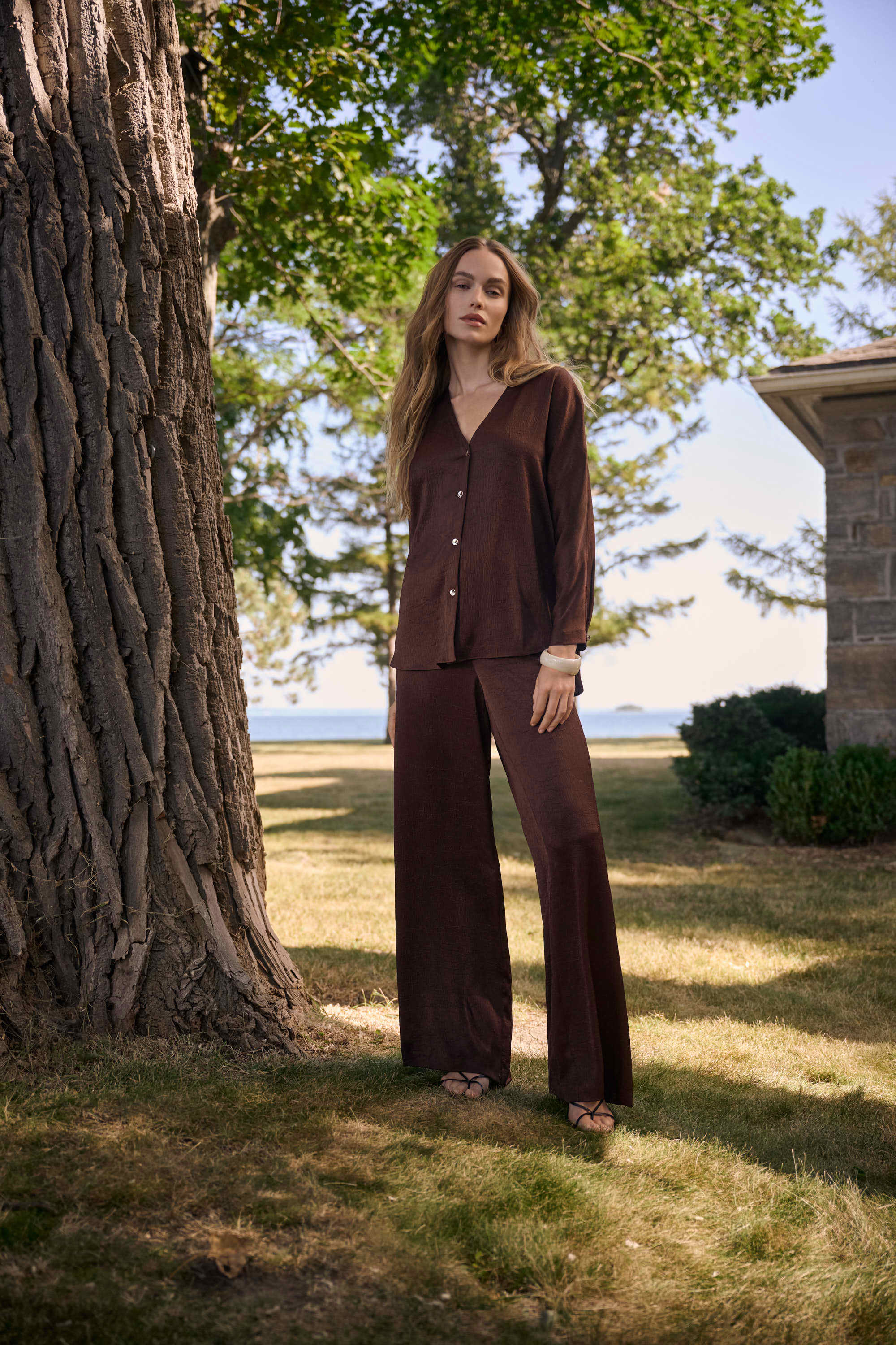 Joseph Ribkoff Crushed Satin Wide Leg Pull-On Pants With Drawstring In Mahogany