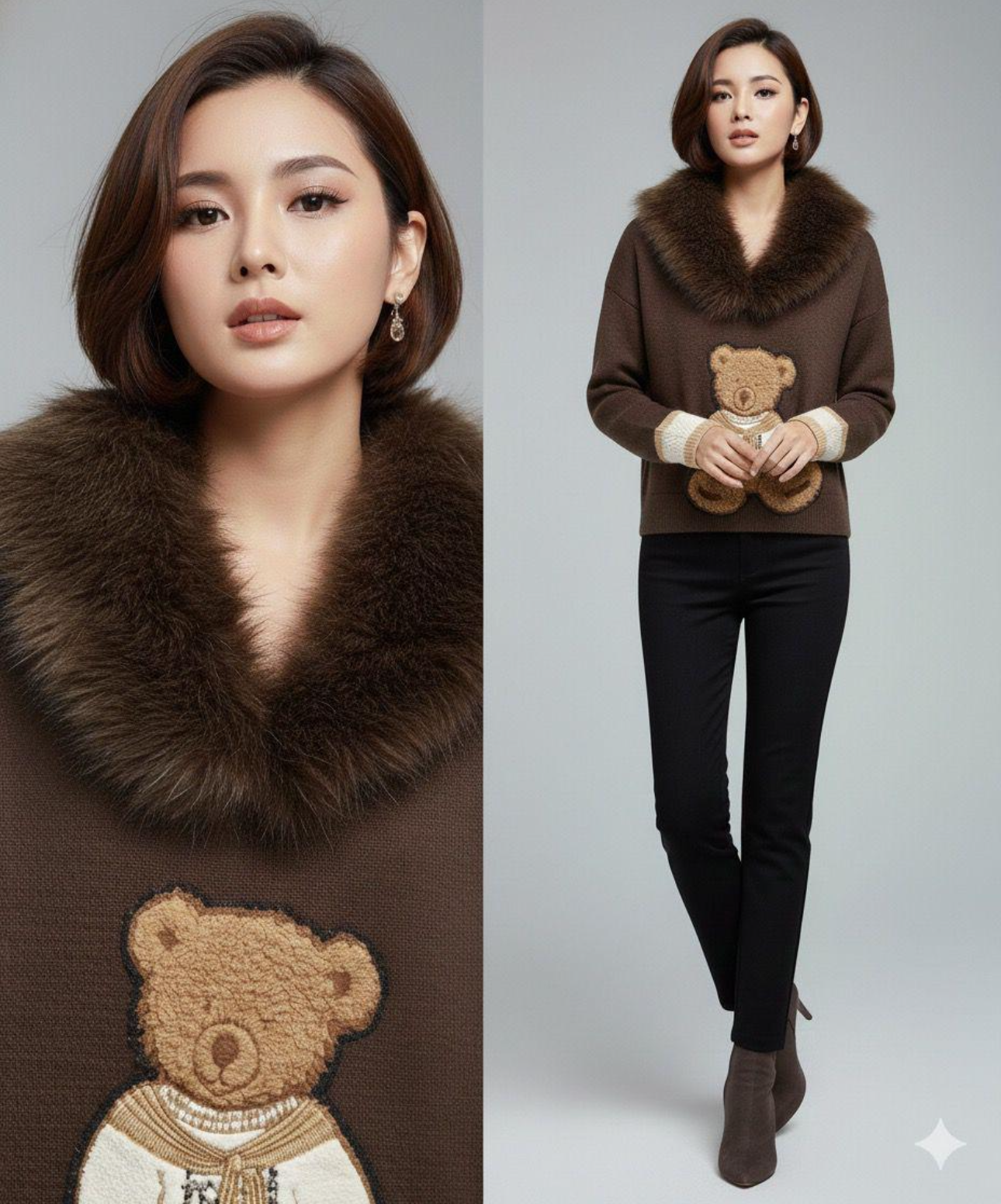 Azaka Paris Chocolate Teddy Knit Sweater with Faux Fur Collar – One Size