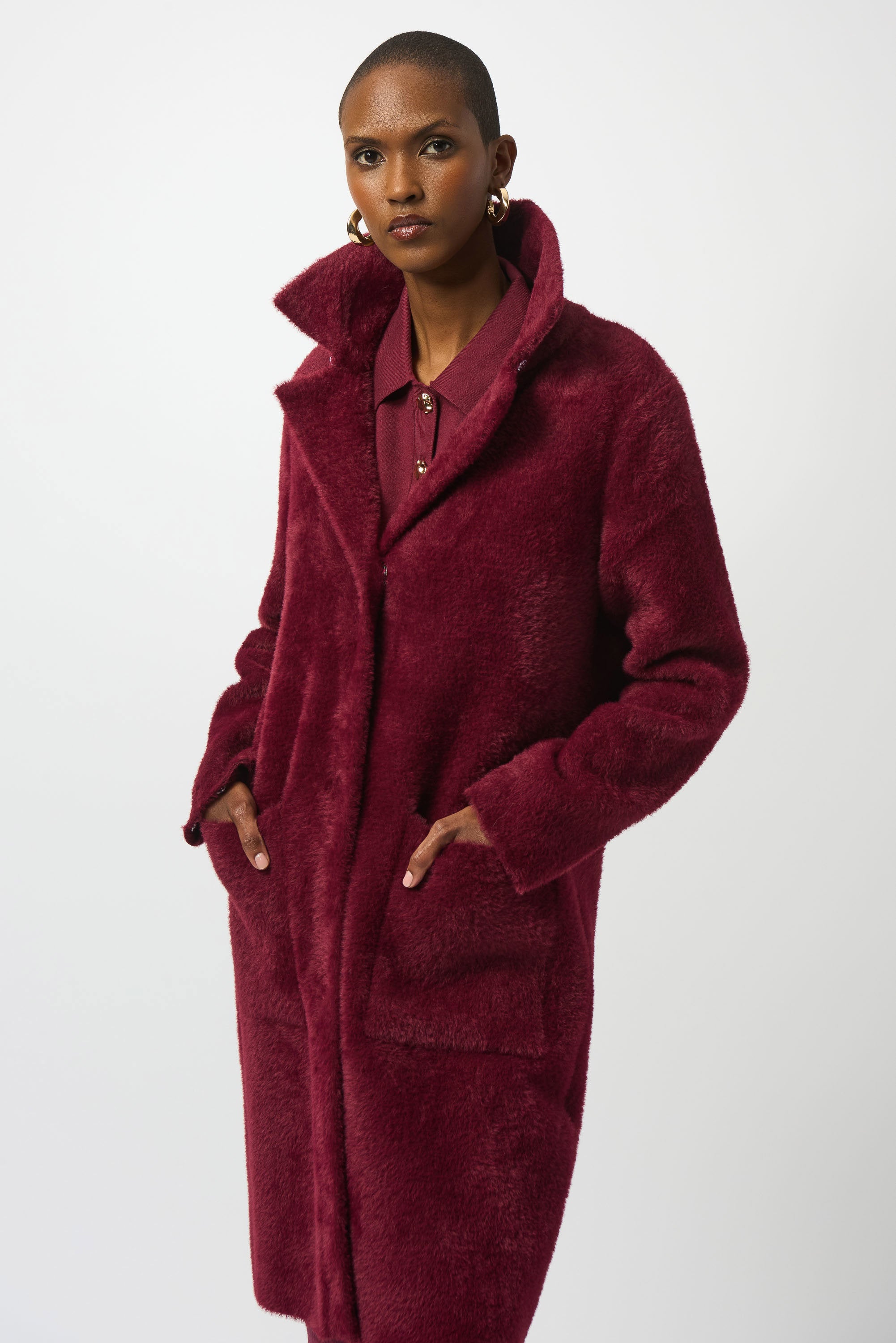 Joseph Ribkoff Feather Yarn and Faux Fur Sweater Coat
243923F25 in Merlot