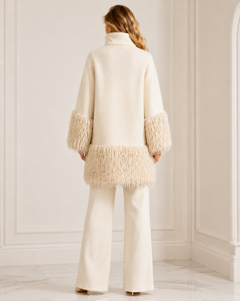 Tricot Chic Ivory Textured Faux Fur Detail Coat – Style Z752/C – UK 10