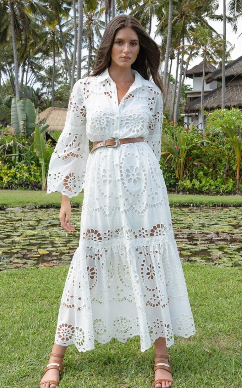 Miss June GF54 Dress Ruby – Long Sleeve Cotton Lace Dress with Belt & Inner Available in Lavender or White
