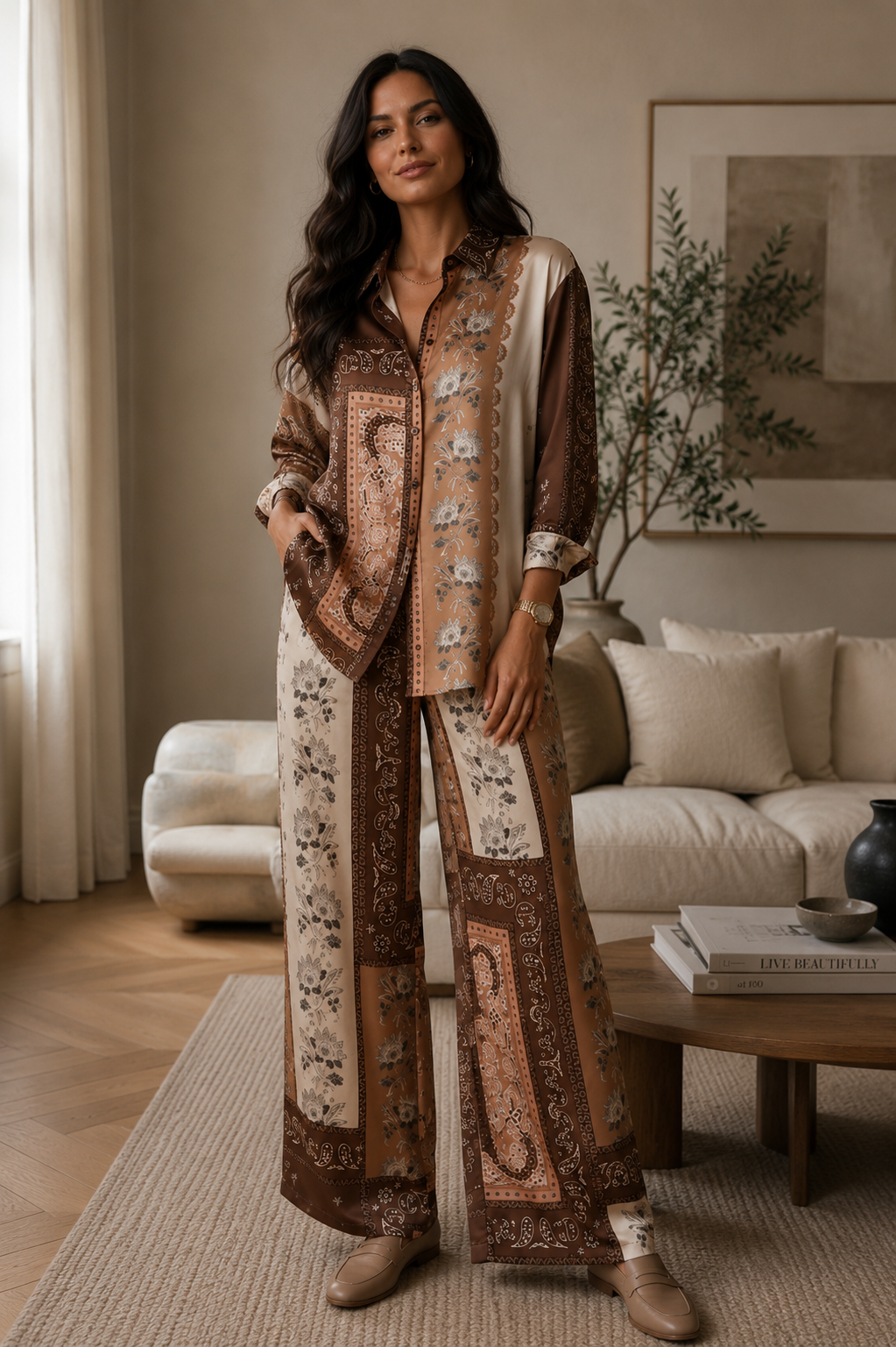 Azaka Silky Printed Co-Ord Set – Brown Multi | S/M