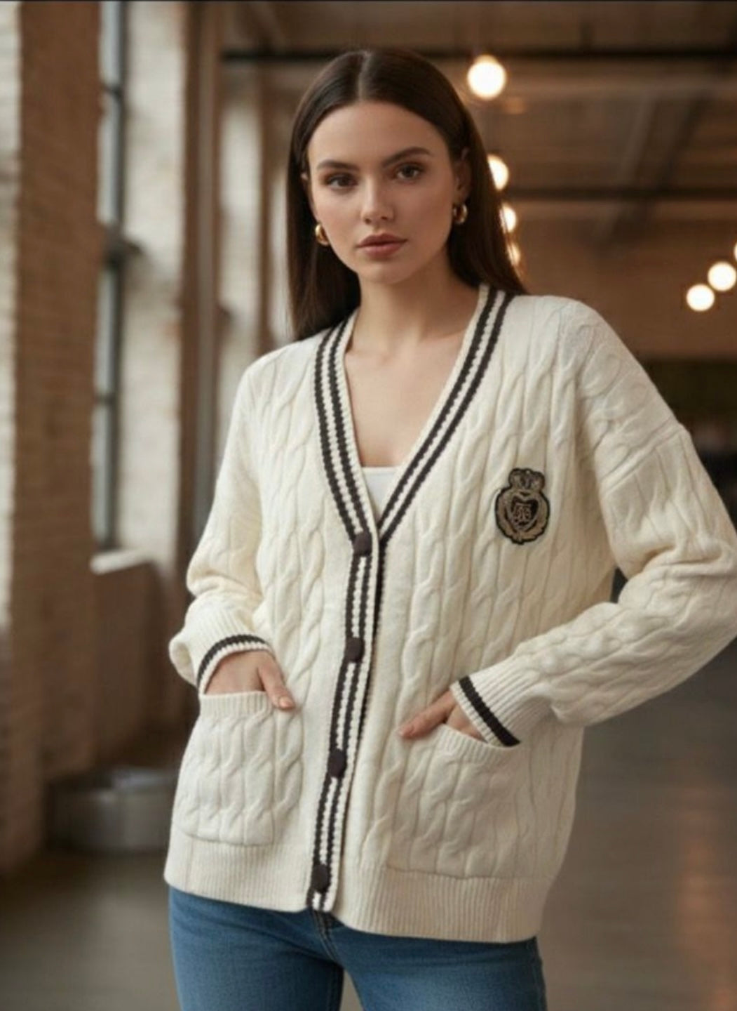 Azaka Cable Knit Cardigan – Cream & Brown – One Size – Relaxed Fit