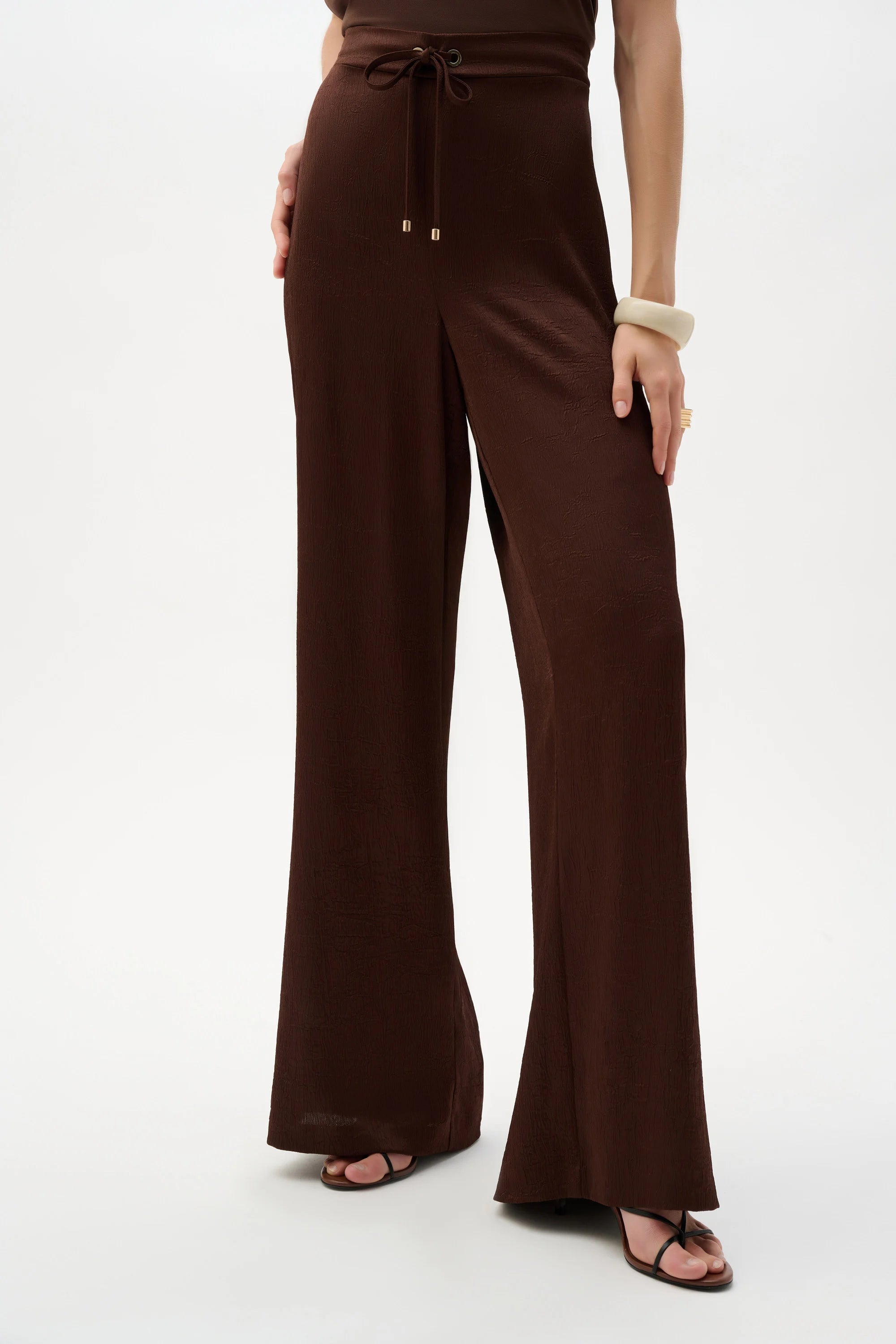 Joseph Ribkoff Crushed Satin Wide Leg Pull-On Pants With Drawstring In Mahogany