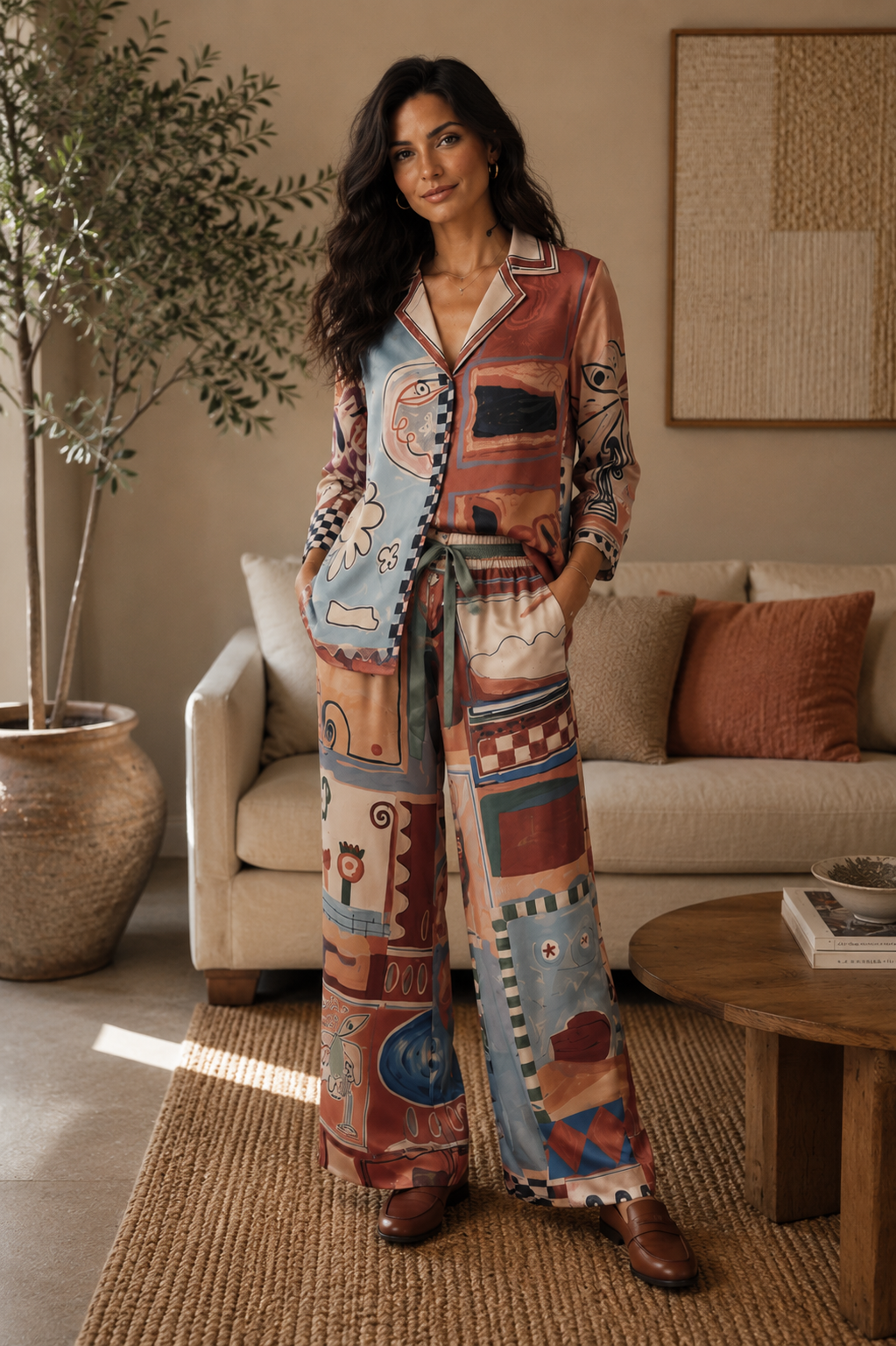 Azaka Silky Abstract Print Co-Ord Set – Terracotta Multi | S/M