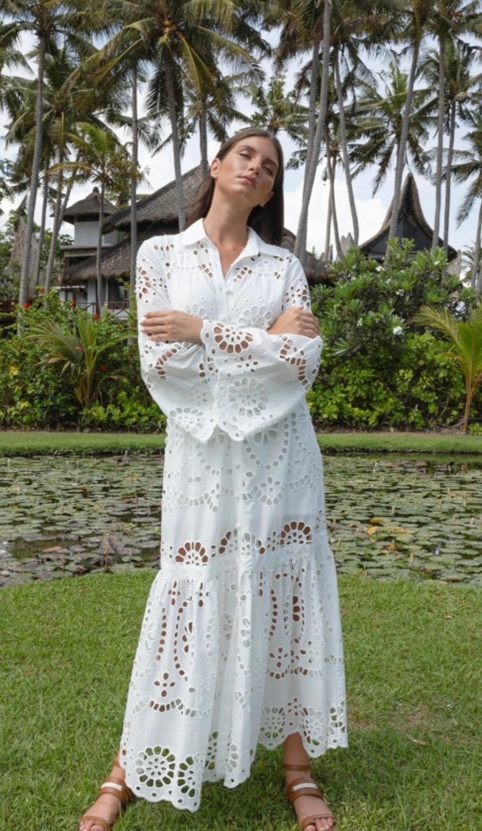 Miss June GF54 Dress Ruby – Long Sleeve Cotton Lace Dress with Belt & Inner Available in Lavender or White