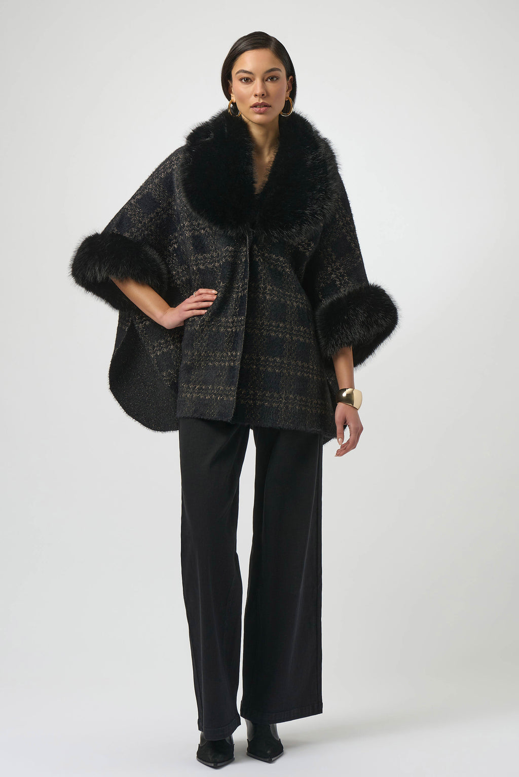 Joseph Ribkoff Jacquard Sweater Knit Cape with Faux Fur Accents
254934 One Size