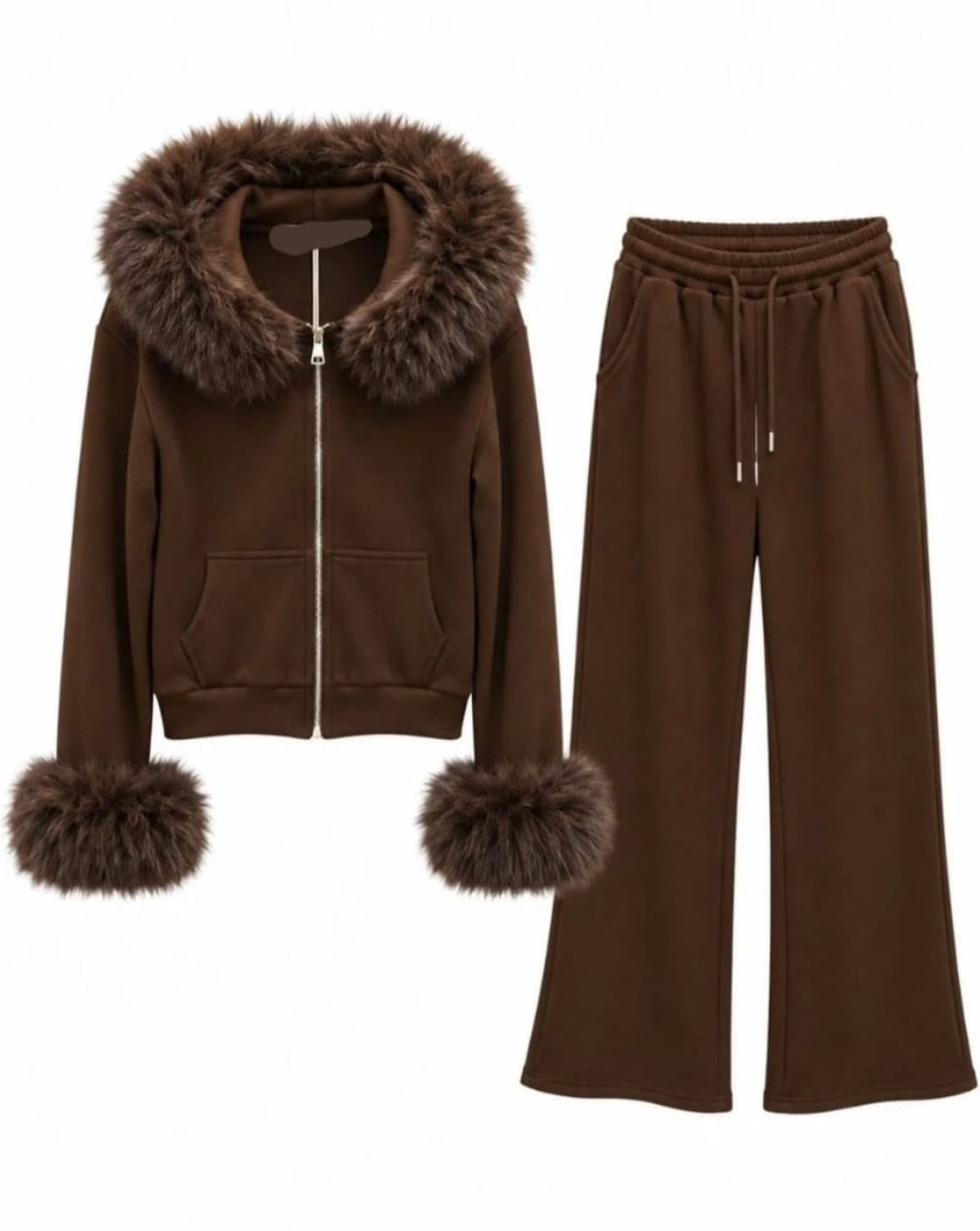 Flam Mode Luxury Two-Piece Set with Detachable Faux Fur – Chocolate Brown