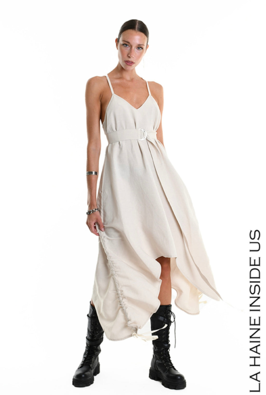 La Haine Inside Us -  W5365 DRESS Asymmetric Fluid Viscose Linen Flamed Sand