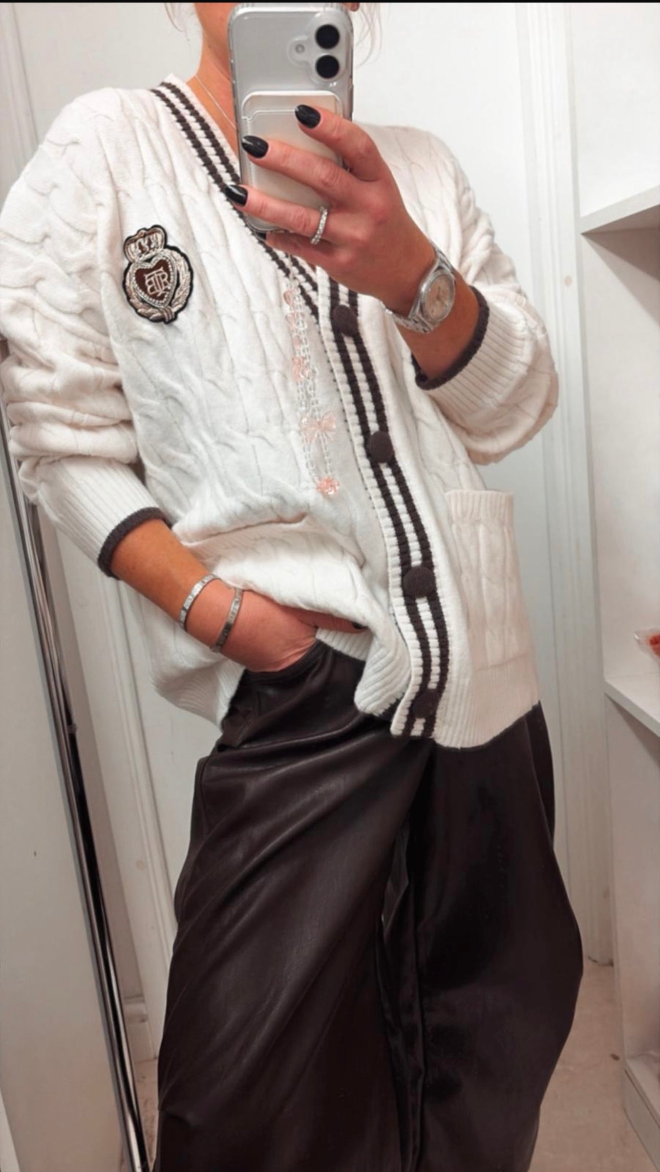 Azaka Cable Knit Cardigan – Cream & Brown – One Size – Relaxed Fit