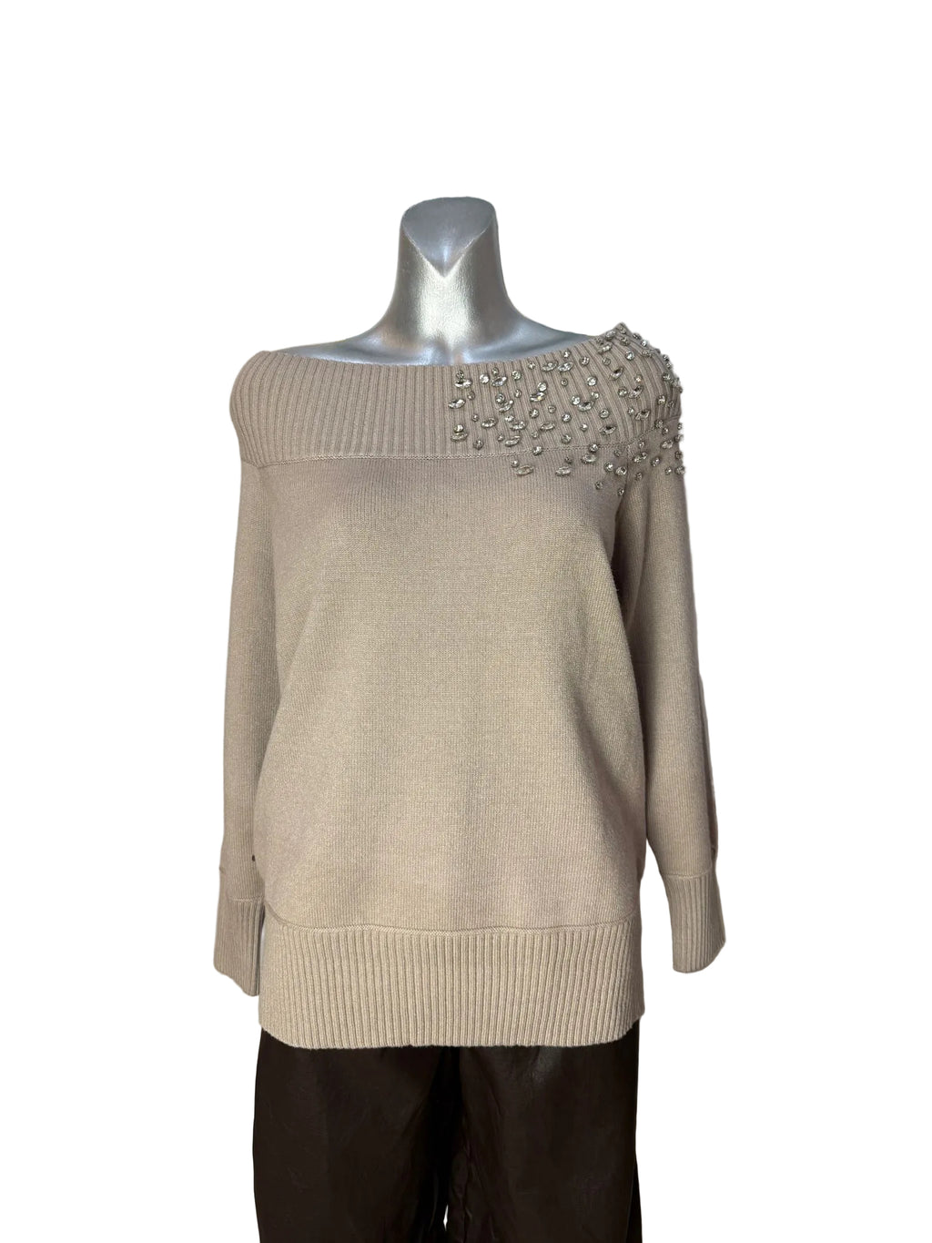 Malissa J Beige Embellished Off-Shoulder Knit Sweater – One Size