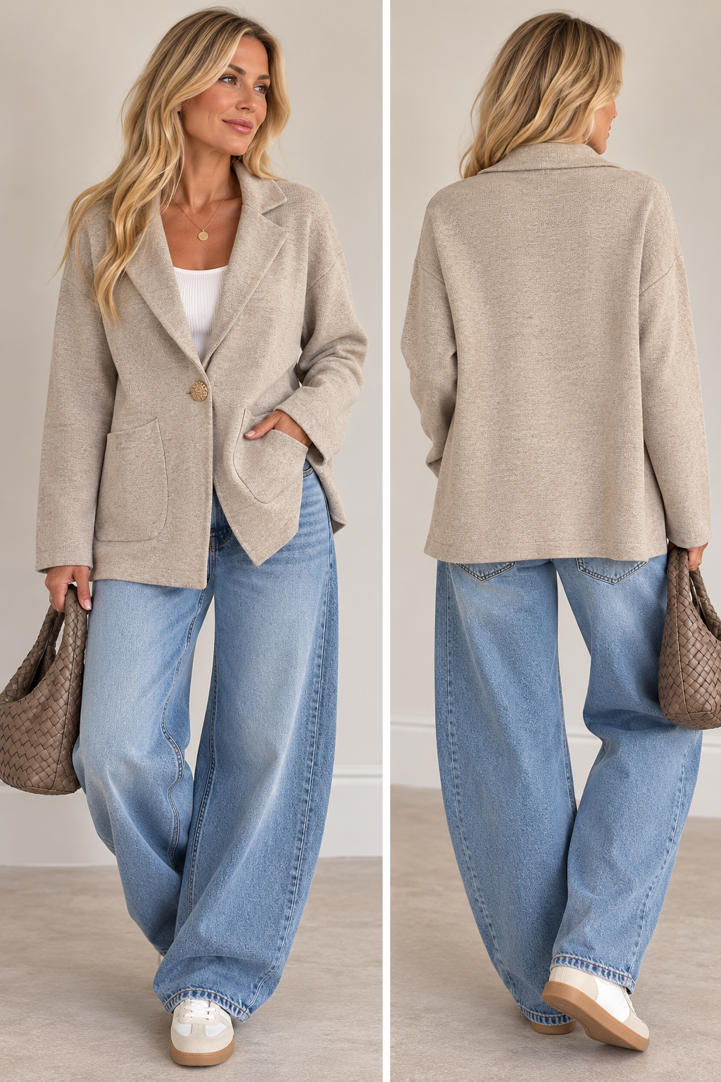 Relaxed Knitted Blazer with Gold Statement Button