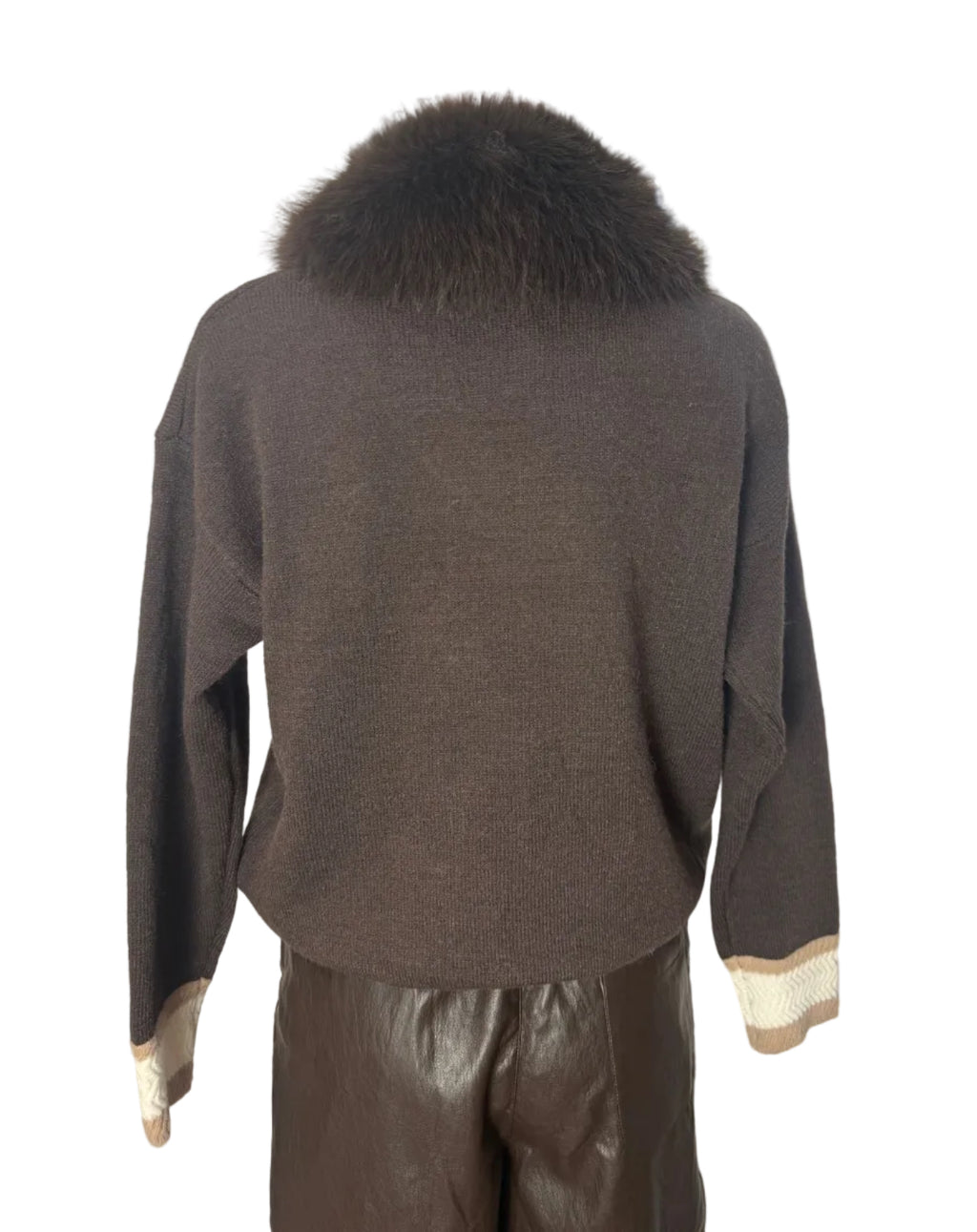 Azaka Paris Chocolate Teddy Knit Sweater with Faux Fur Collar – One Size