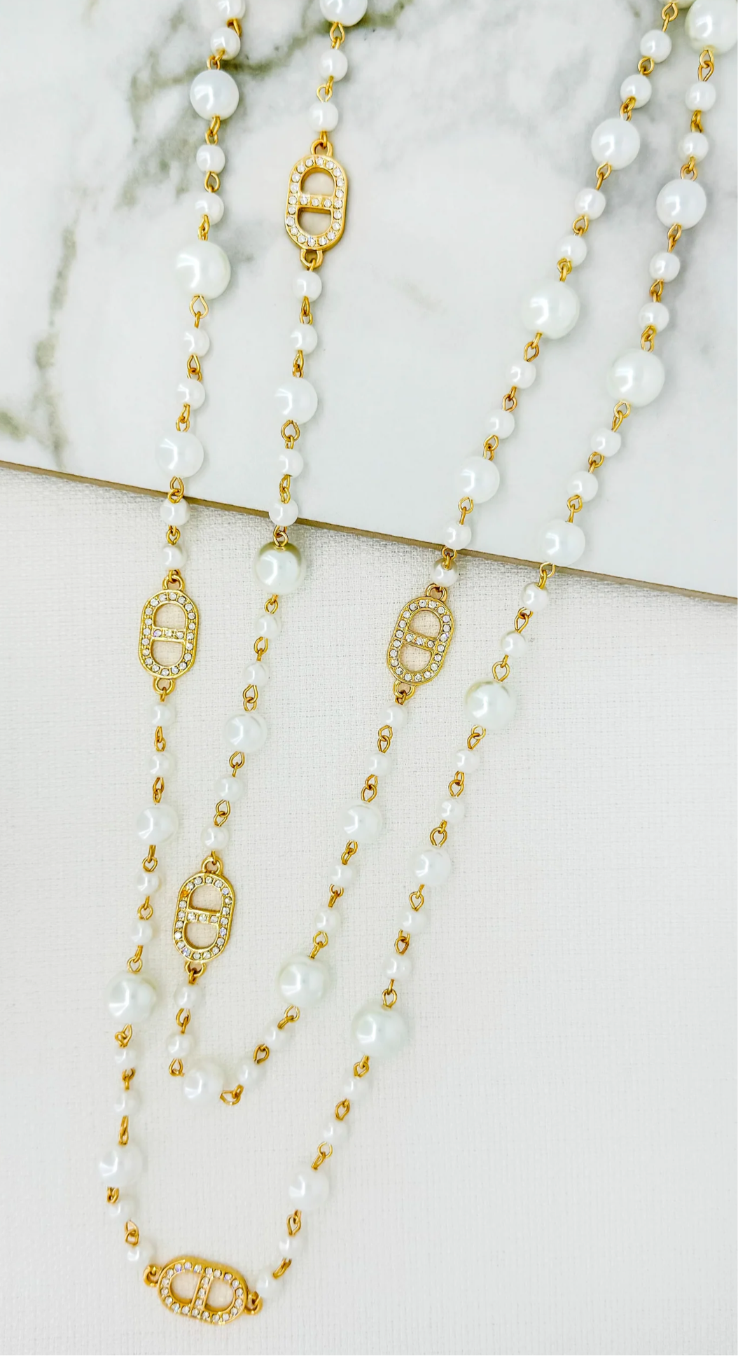 Envy Jewellery Long Gold and Pearl Necklace with Diamante Oval Links (Style 4131/N/T)