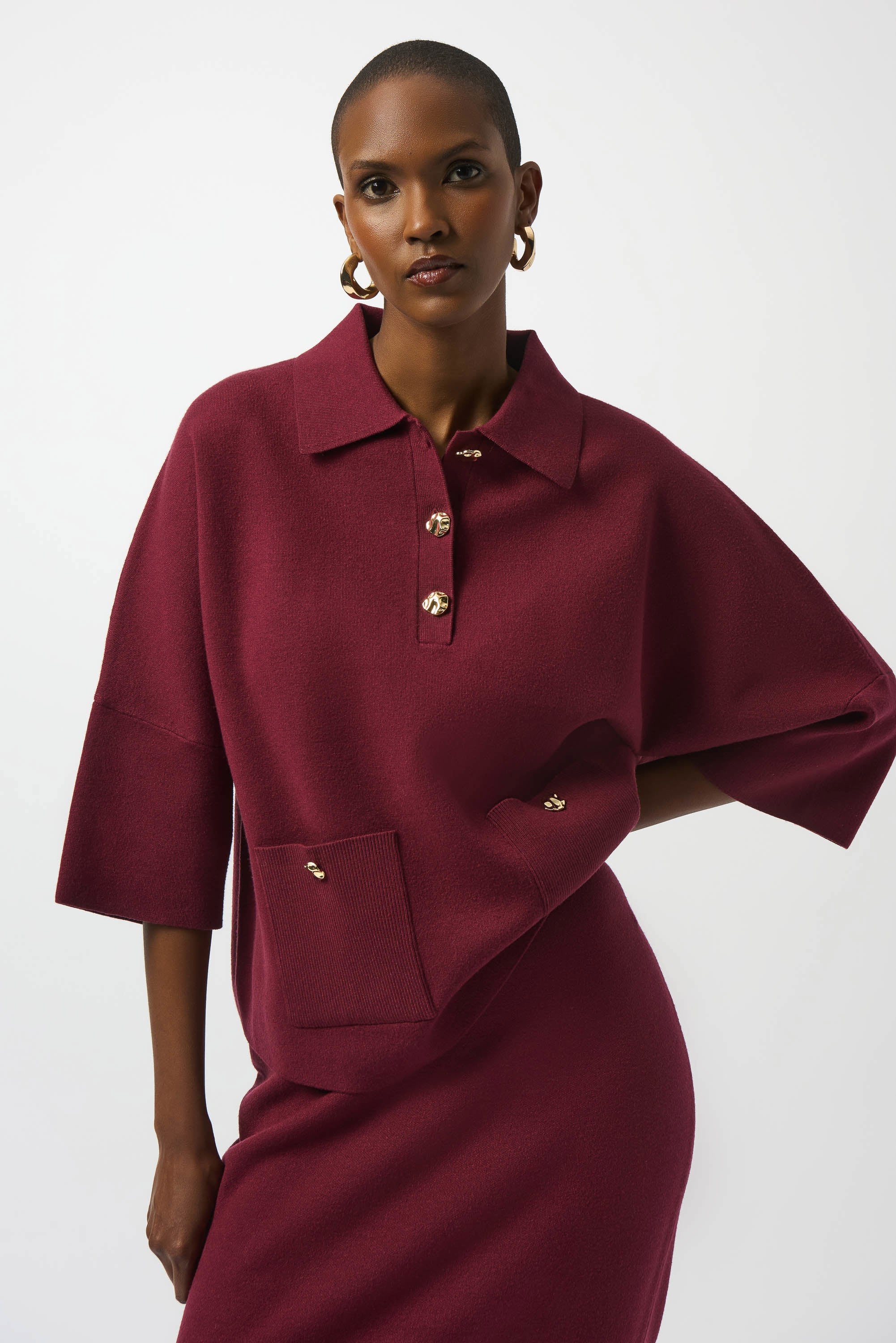 Joseph Ribkoff Sweater Knit Boxy Pullover With Polo Collar
253962 In Merlot