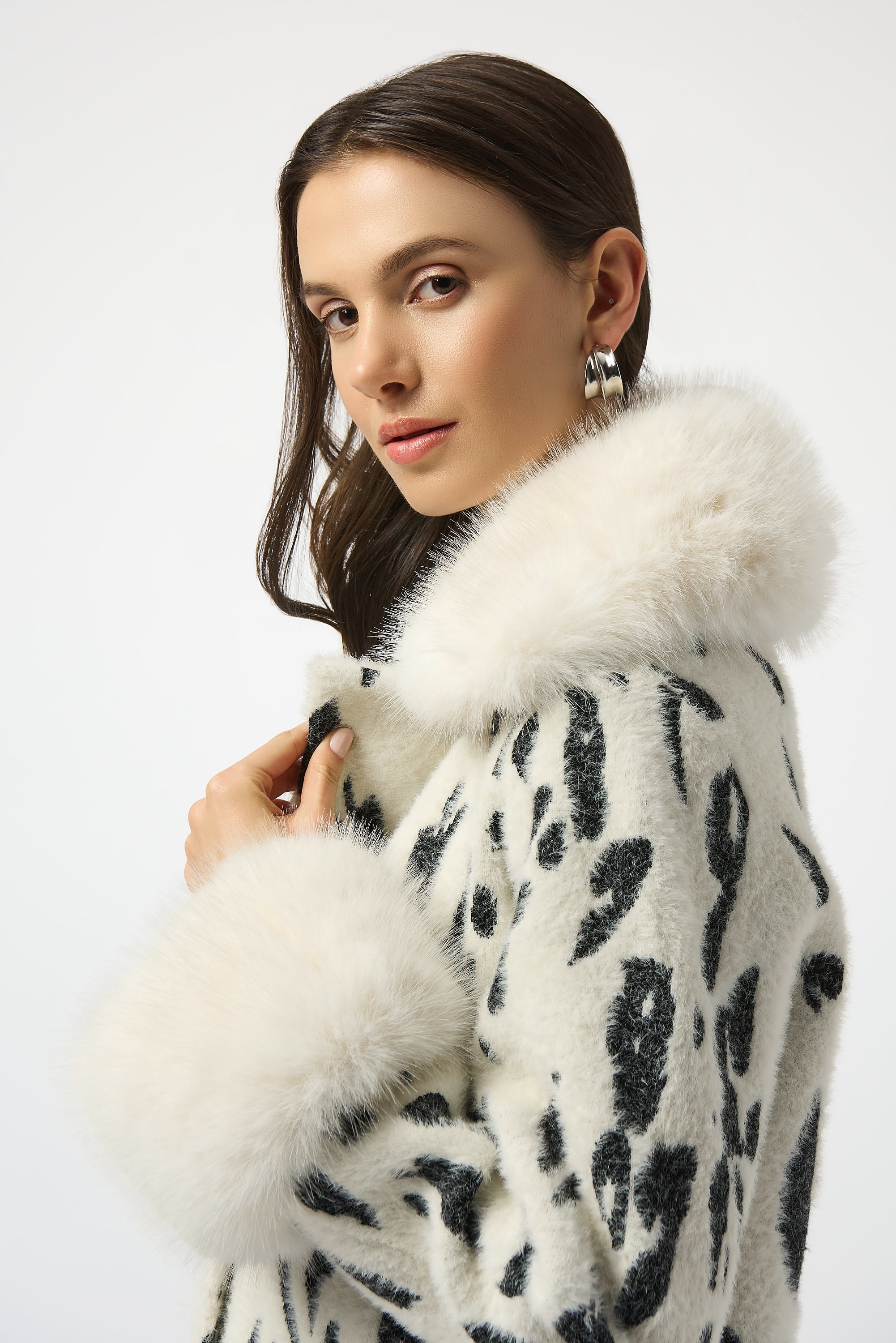 Joseph Ribkoff Feather Yarn Animal Jacquard Coat with Faux Fur Trim
253904