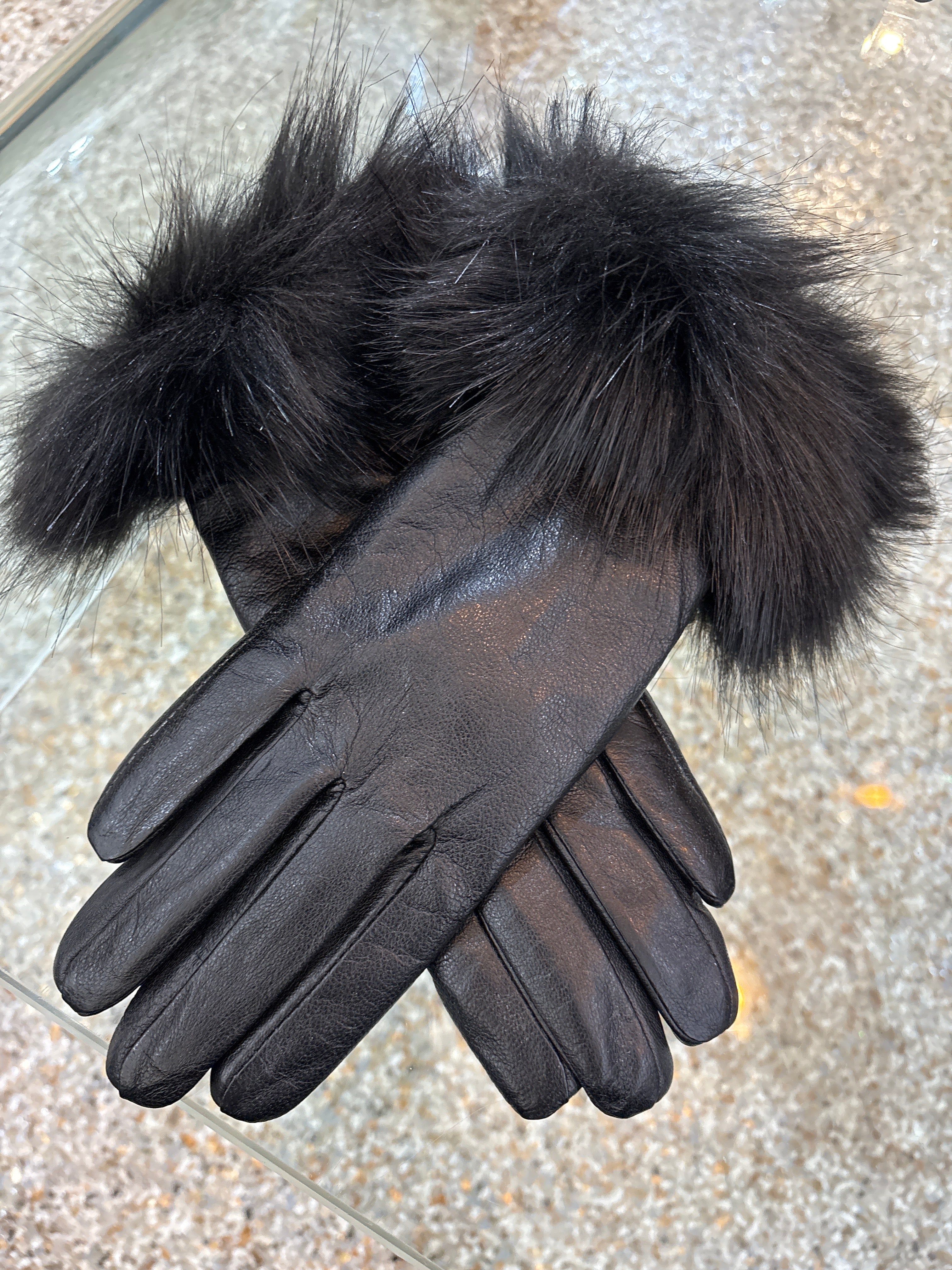 Frank Usher Black Leather Gloves with Faux Fur Trim