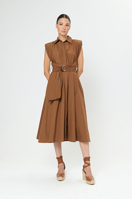 Arggido Tobacco Fit and Flare Belted Dress