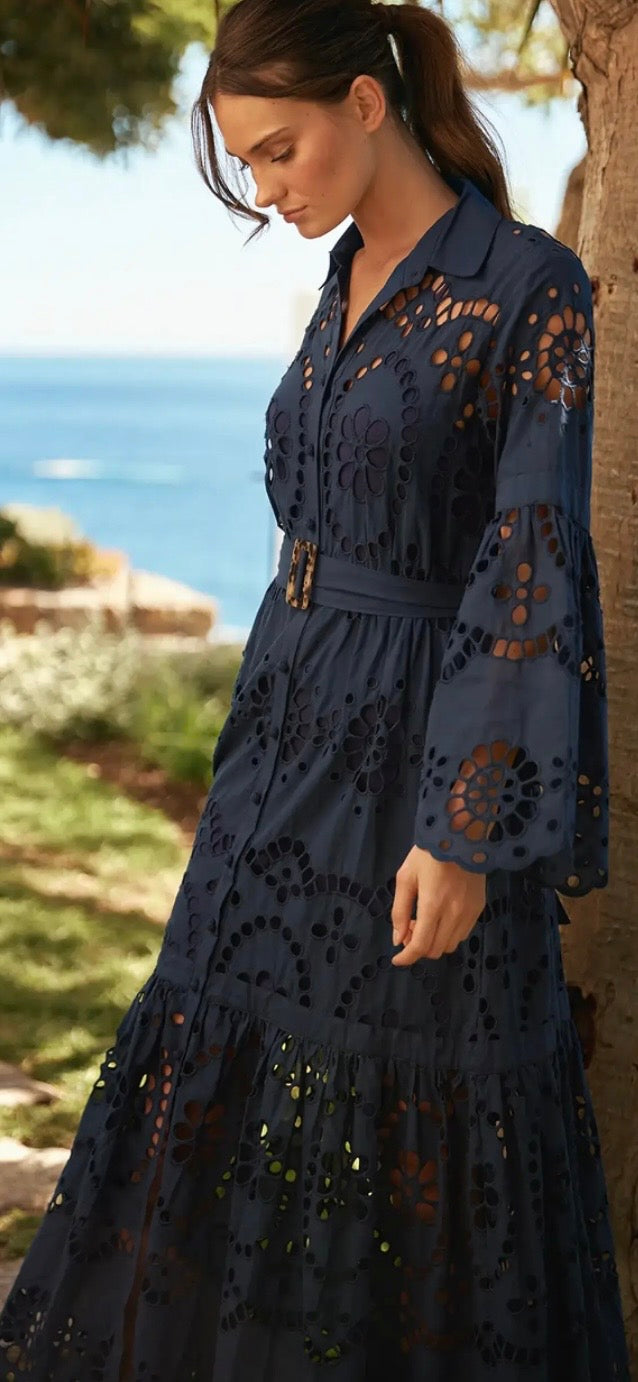 Miss June NS113 Dress Aurelia – Long Sleeve Cotton Lace Dress with Belt & Inner (Navy)