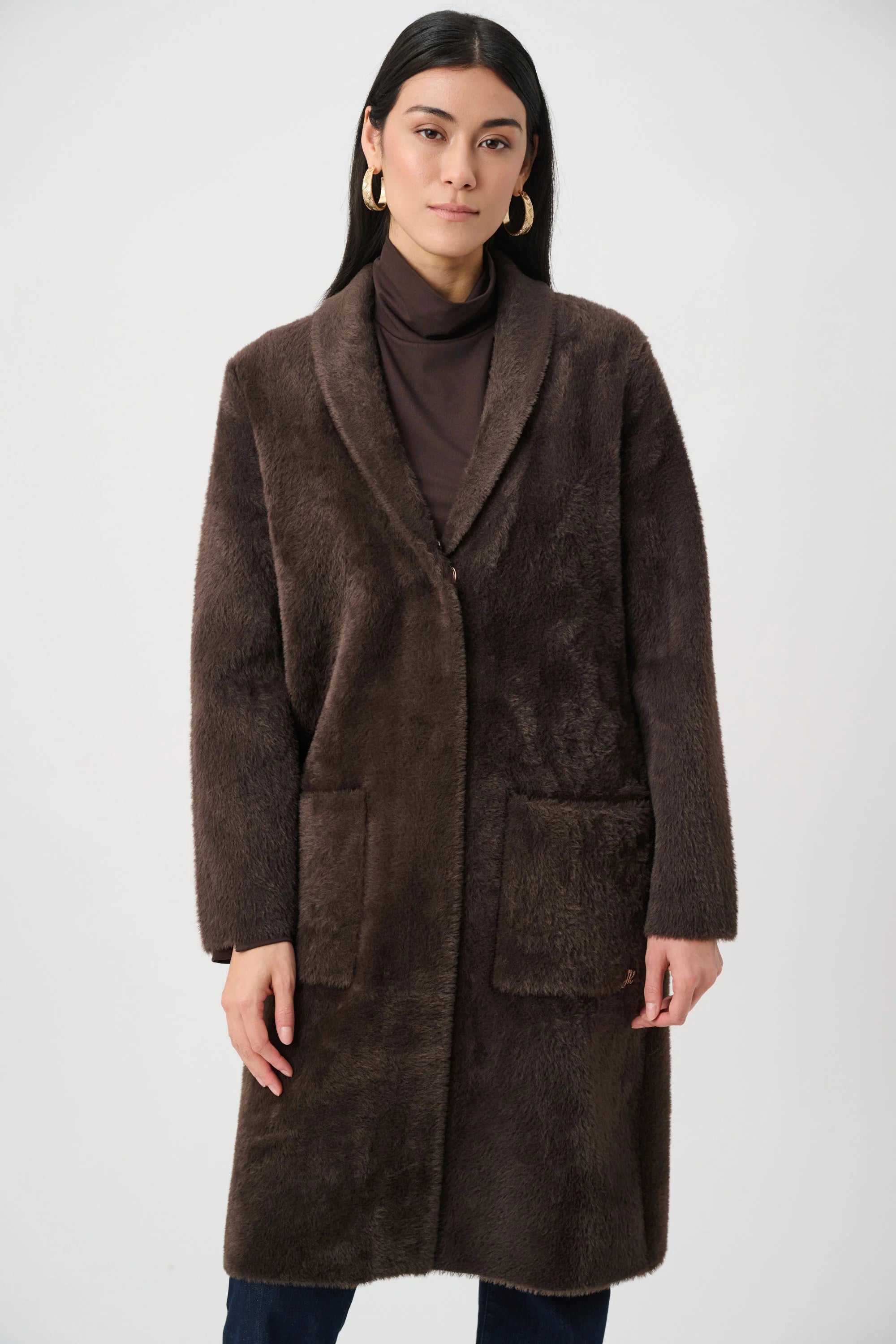 Joseph Ribkoff Feather Yarn Coat With Detachable Faux Fur Collar
263973 Mocha