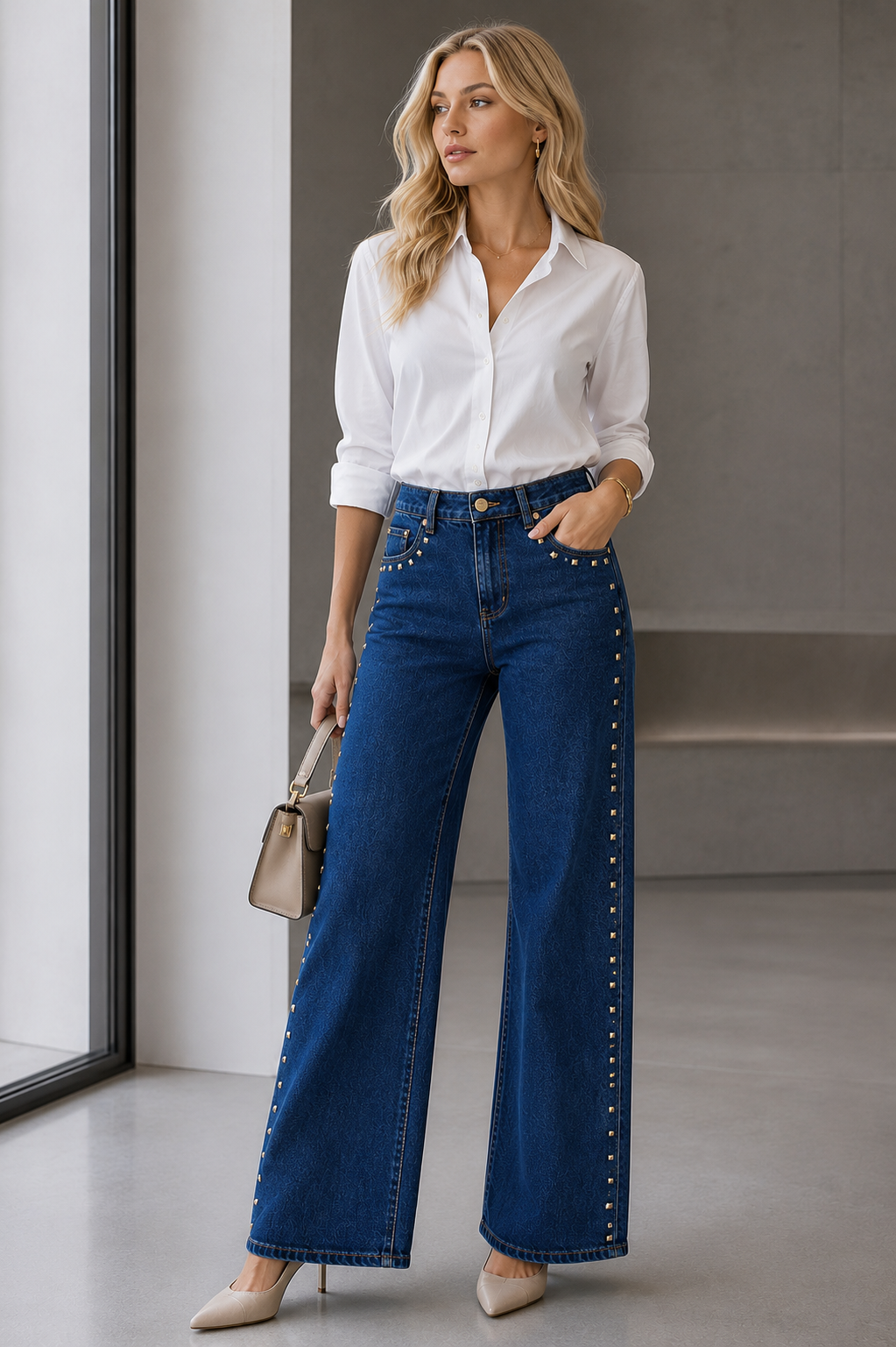 Voggo KMV1170 Silver Stud Wide Leg Jeans