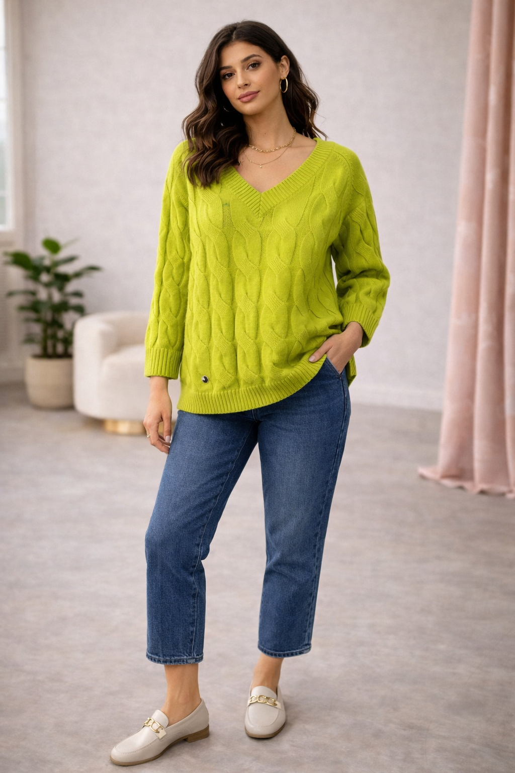 Malissa J Cable Knit V-Neck Sweater – White or Lime | One Size