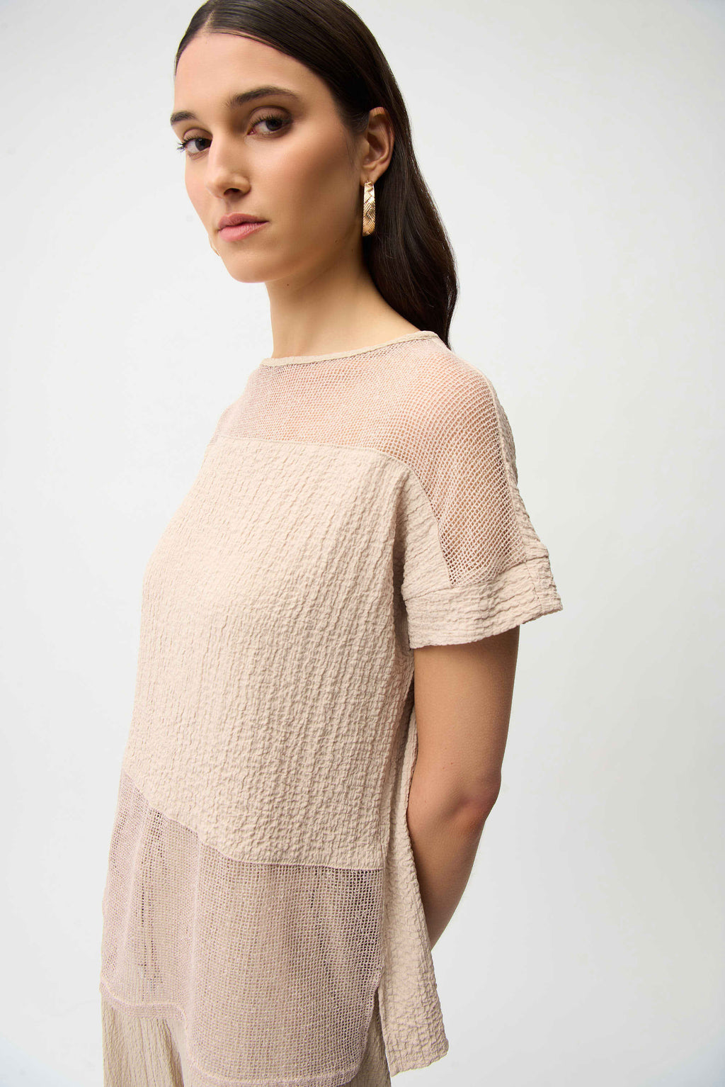 Joseph Ribkoff Seersucker and Mesh Boxy Top With Boat Neckline
261247