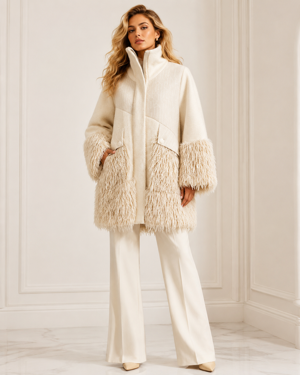 Tricot Chic Ivory Textured Faux Fur Detail Coat – Style Z752/C – UK 10