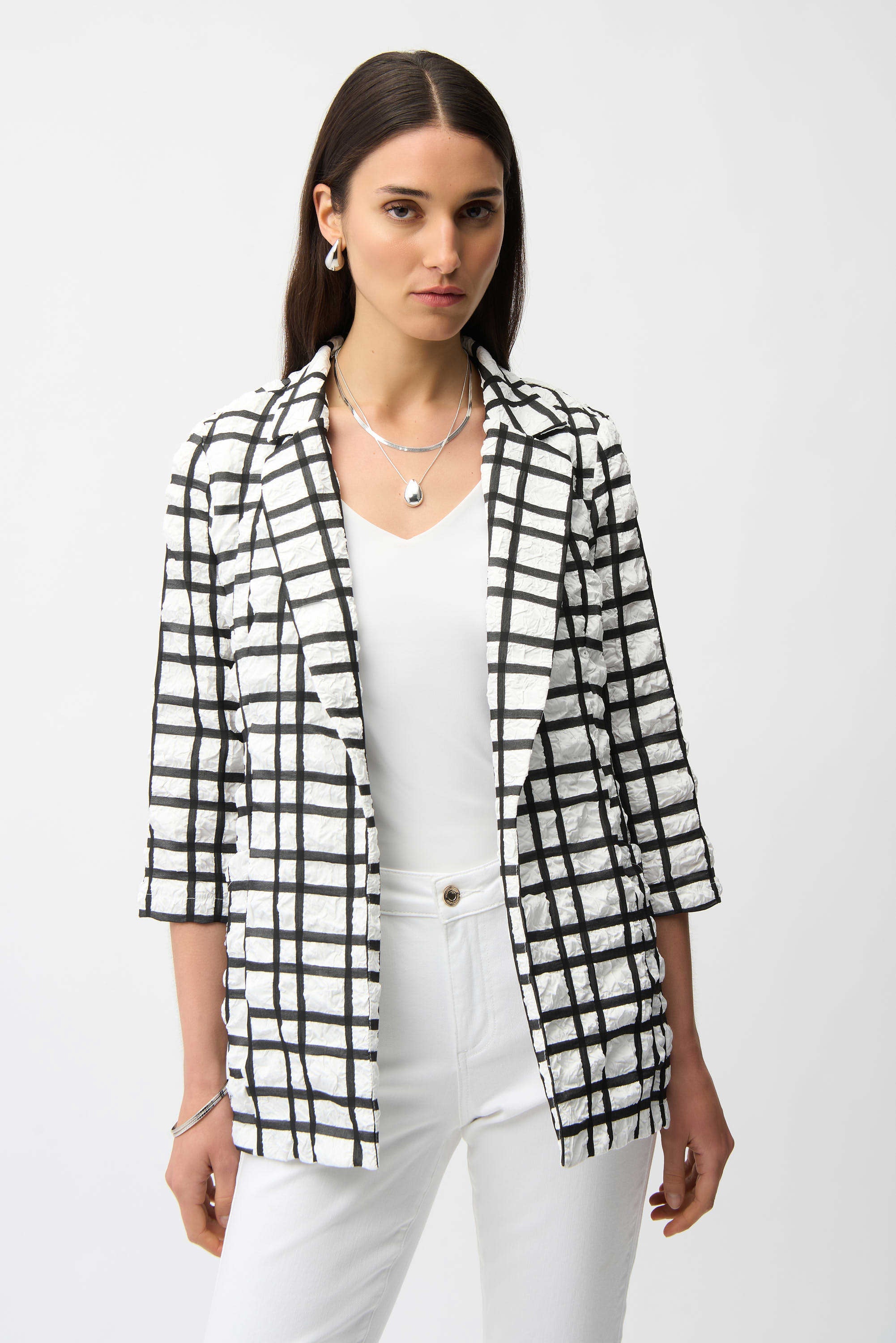 Joseph Ribkoff Jacquard Plaid Print Boxy Blazer With Notched Collar
261268