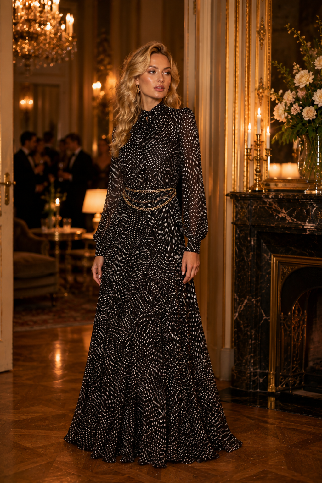 Carla Ruiz Black Heart Print Maxi Dress with Chain Belt