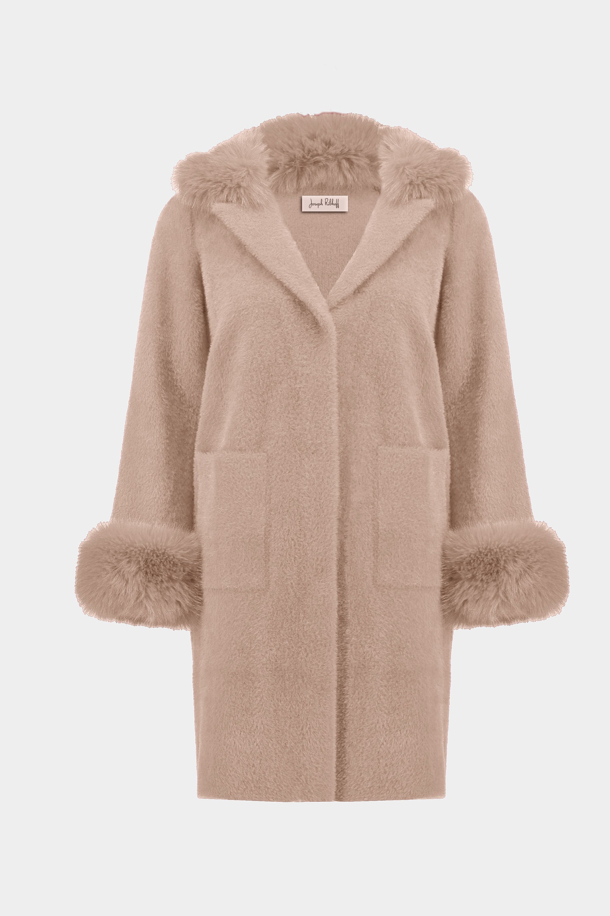 Joseph Ribkoff Feather Yarn and Faux Fur Sweater Coat
243923F25 in Rose