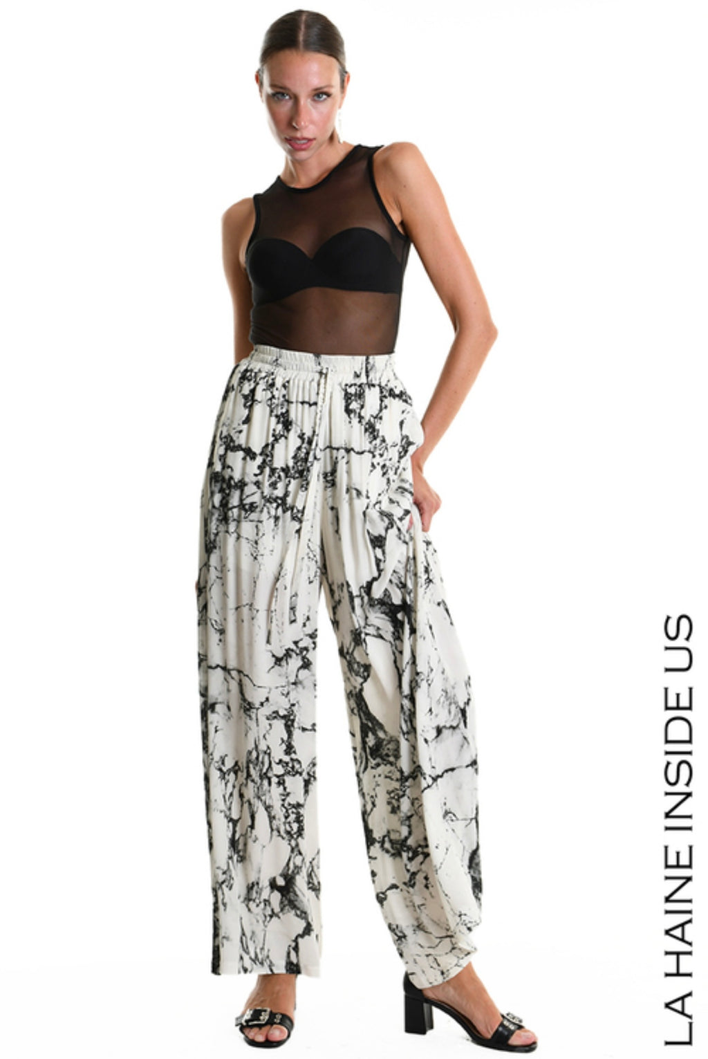 La Haine Inside Us  W5337 TROUSERS Palazzo in Printed Viscose & Viscose Jersey White