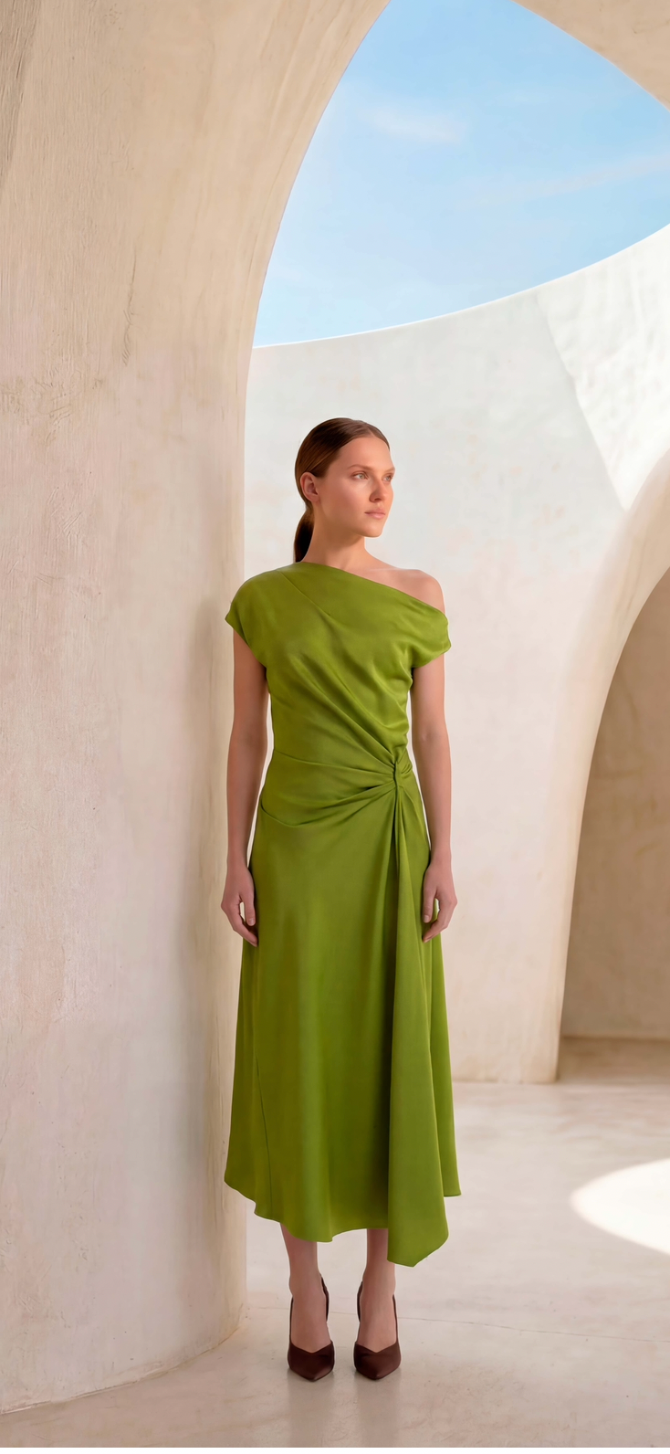 Carla Ruiz Green Satin Draped Midi Dress