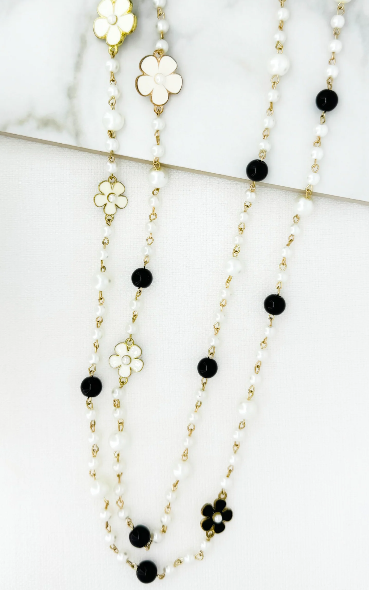 Envy Jewellery Long Pearl and Black Bead Necklace with Flower Detail (Style 4618/N/T)
