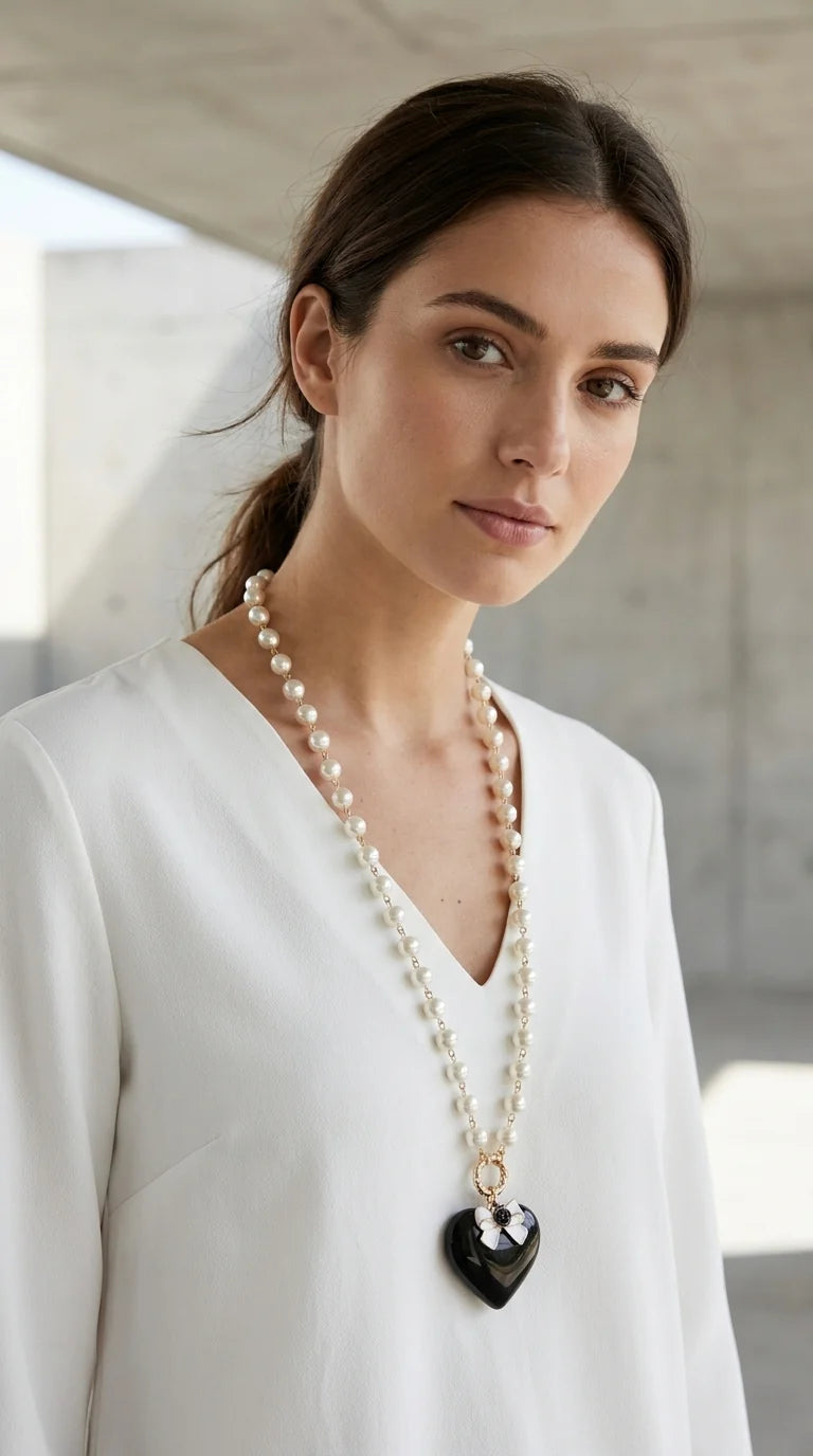 Envy Long Pearl Necklace with Black Heart Pendant – Style 537/N/T