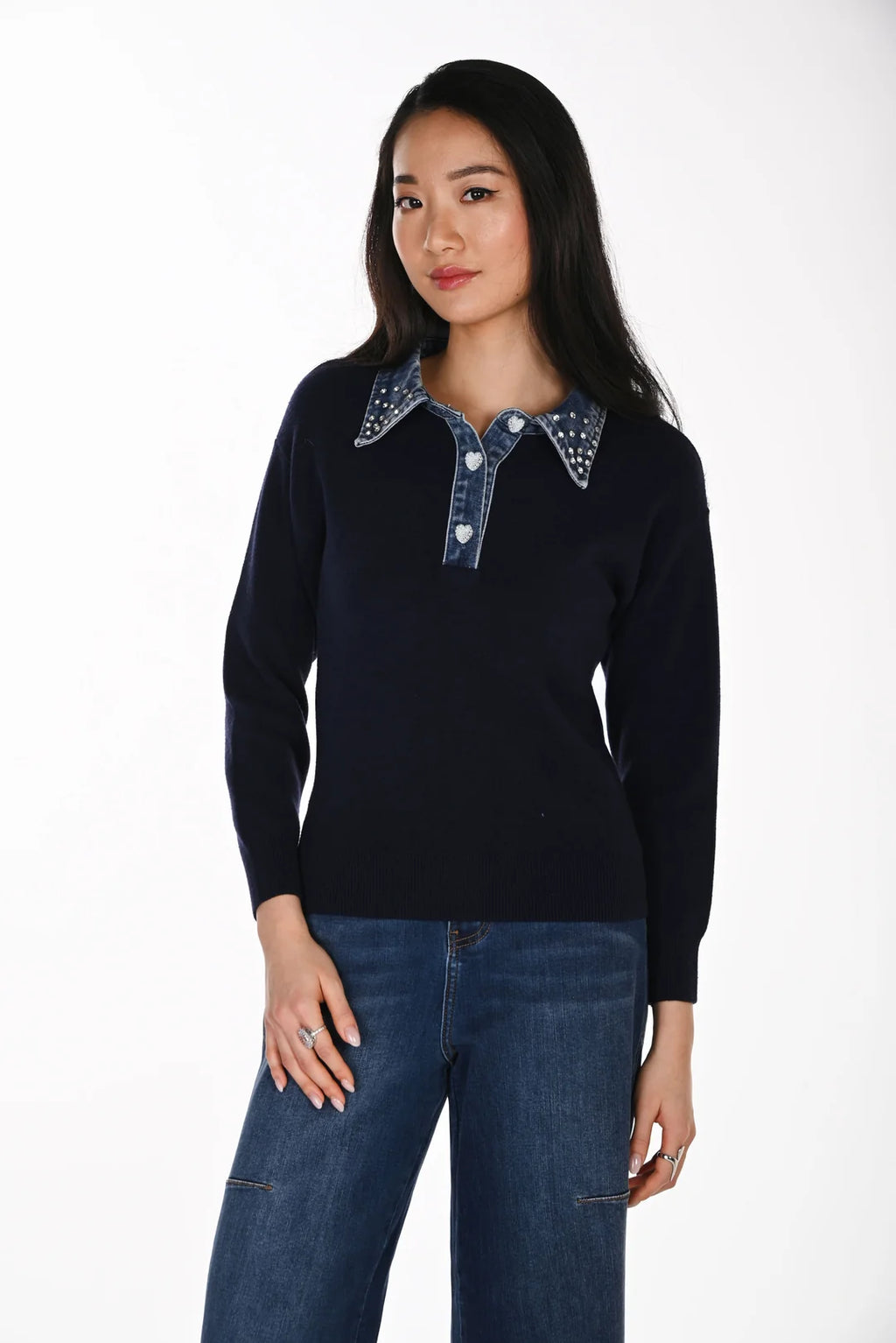 Frank Lyman Sweater with Embellished Denim Collar Style 264851