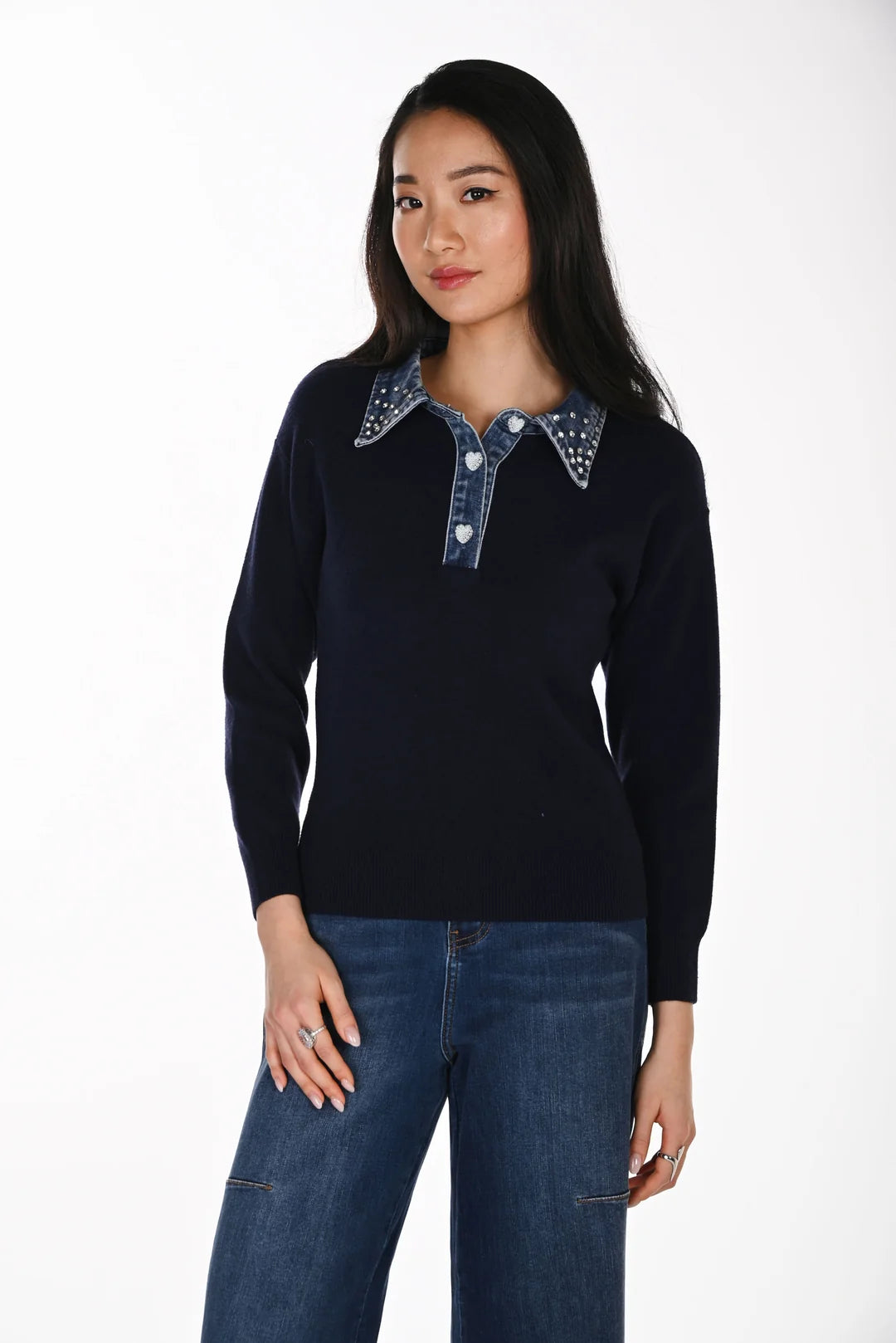 Frank Lyman Sweater with Embellished Denim Collar Style 264851