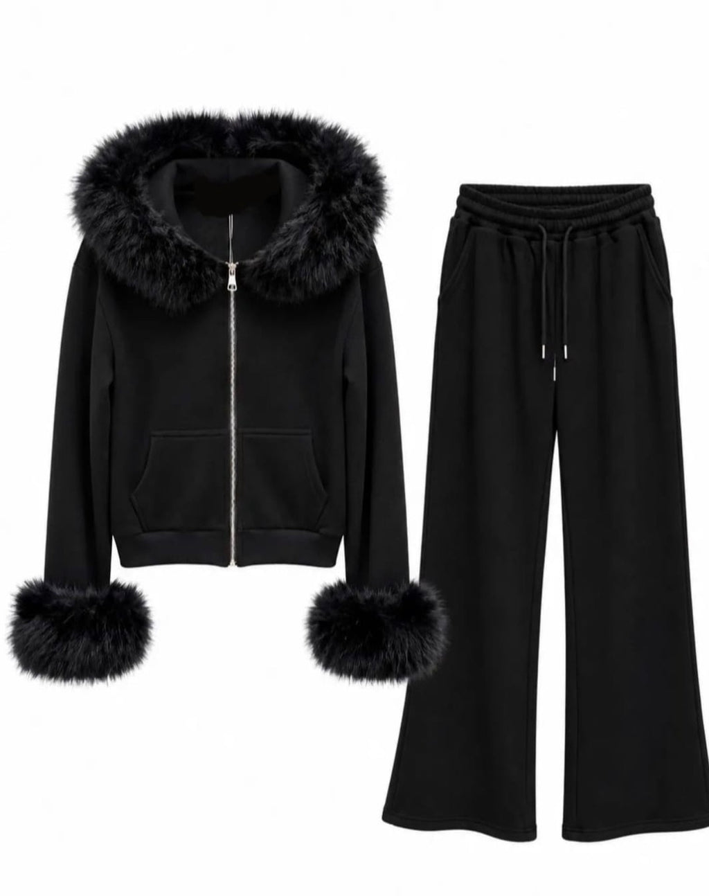 Flam Mode Luxury Two-Piece Set with Detachable Faux Fur – Black