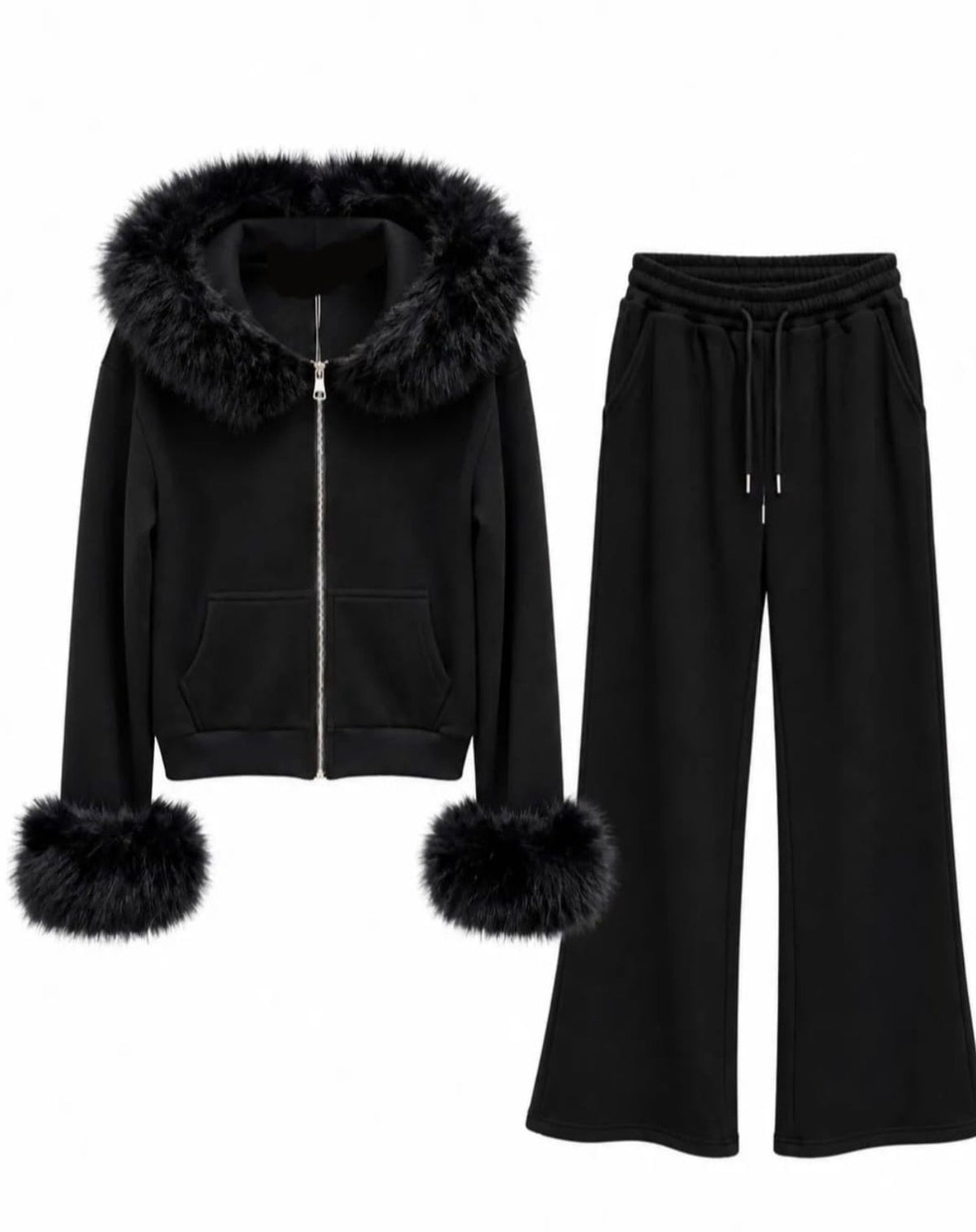 Flam Mode Luxury Two-Piece Set with Detachable Faux Fur – Black