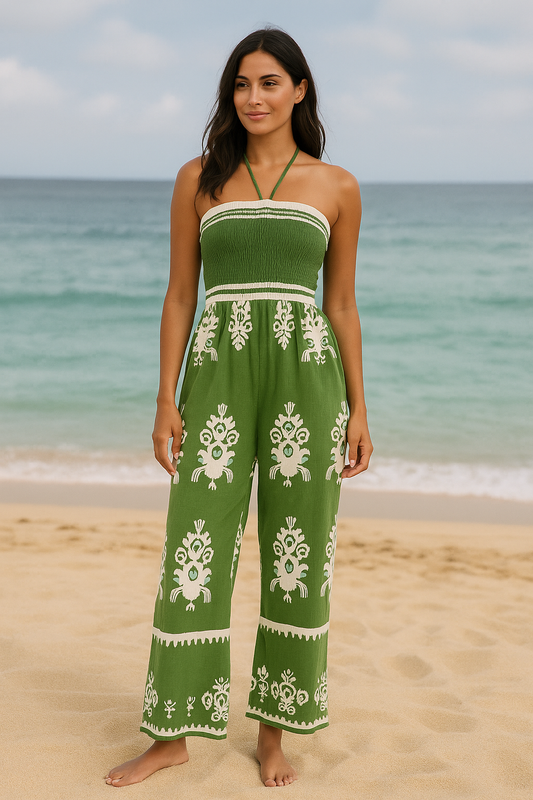 QED Green Halter Shirred Jumpsuit – Sizes S/M & M/L