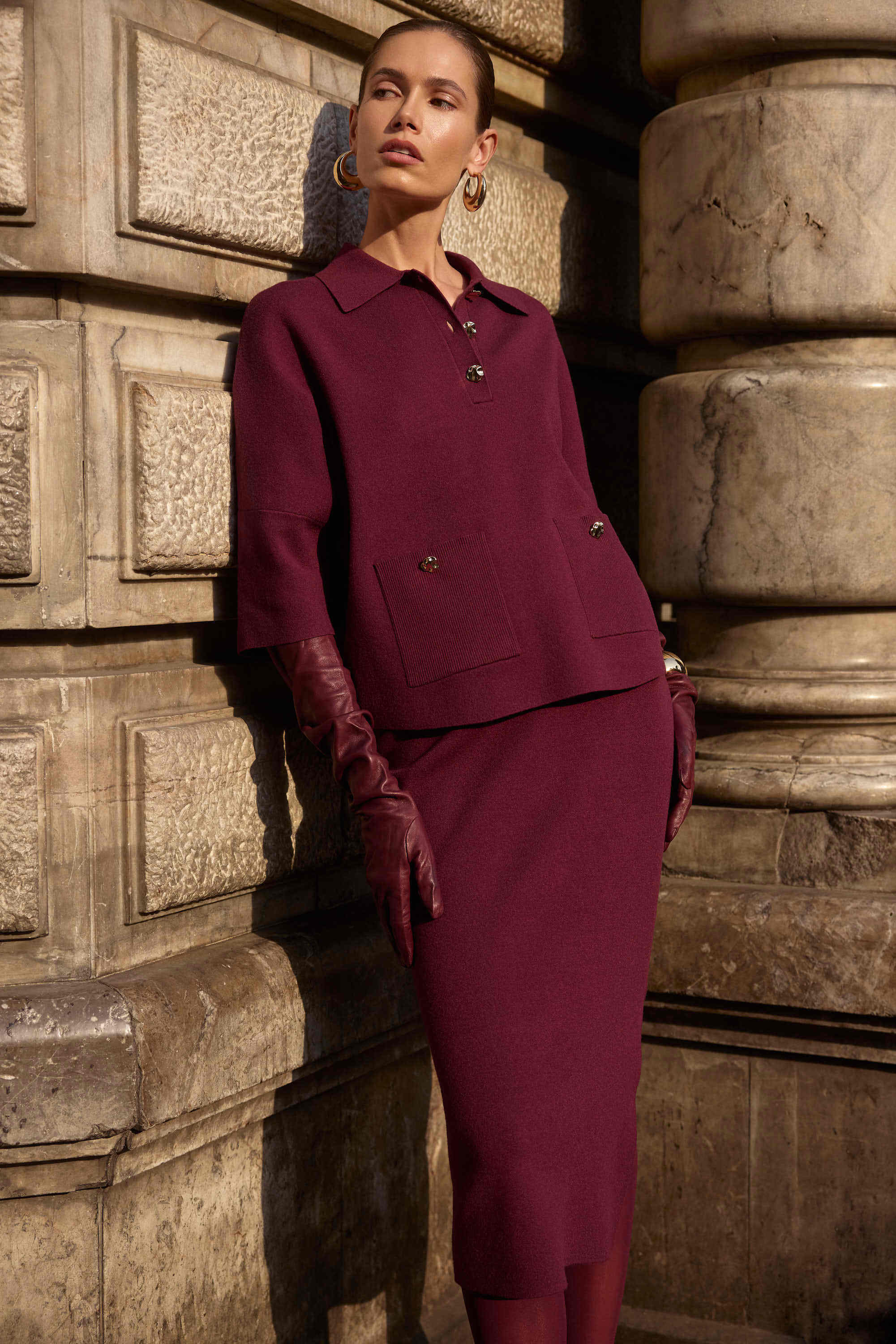 Joseph Ribkoff Sweater Knit Boxy Pullover With Polo Collar
253962 In Merlot