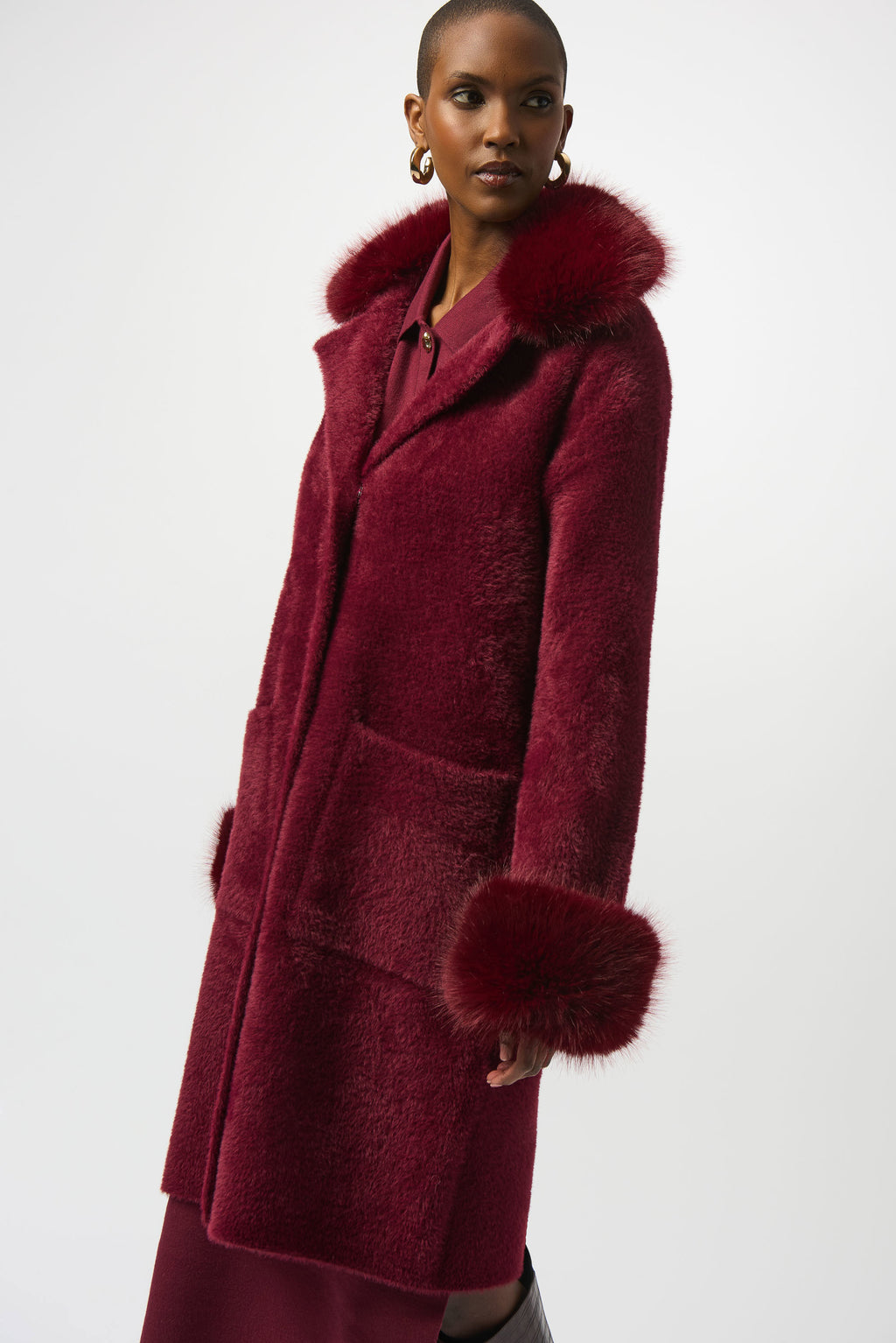 Joseph Ribkoff Feather Yarn and Faux Fur Sweater Coat
243923F25 in Merlot