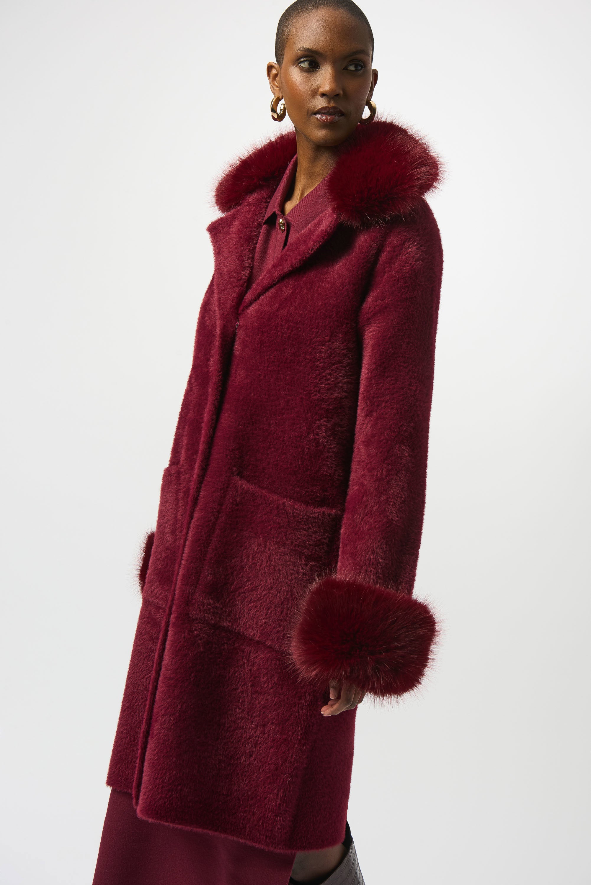 Joseph Ribkoff Feather Yarn and Faux Fur Sweater Coat
243923F25 in Merlot