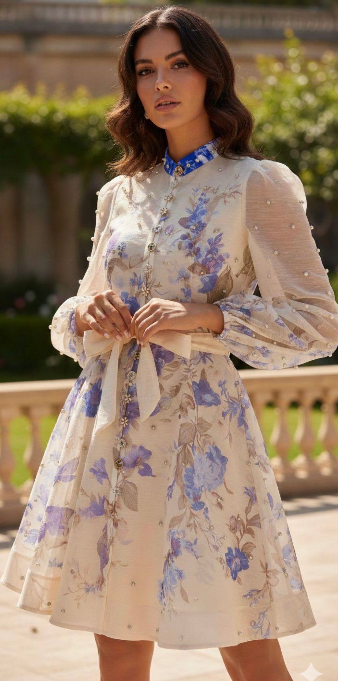 Azaka Floral Organza Occasion Dress – Blue Print (Sizes S-M-L)