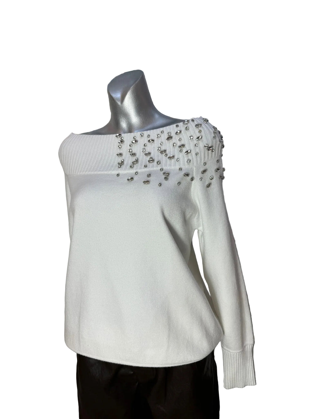 Malissa J White Embellished Knit Sweater – One Size