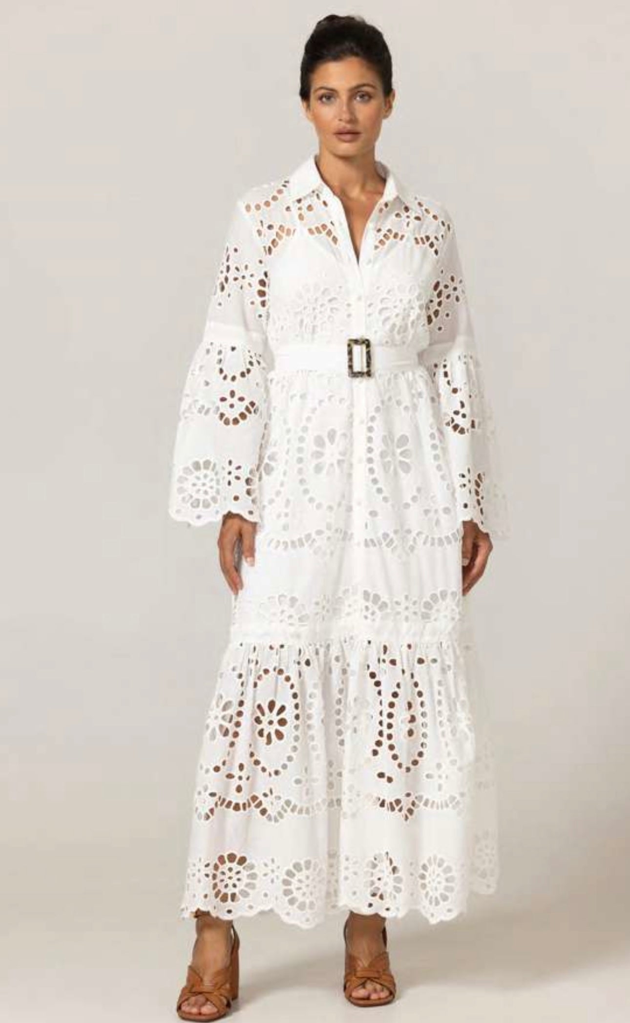 Miss June GF54 Dress Ruby – Long Sleeve Cotton Lace Dress with Belt & Inner Available in Lavender or White