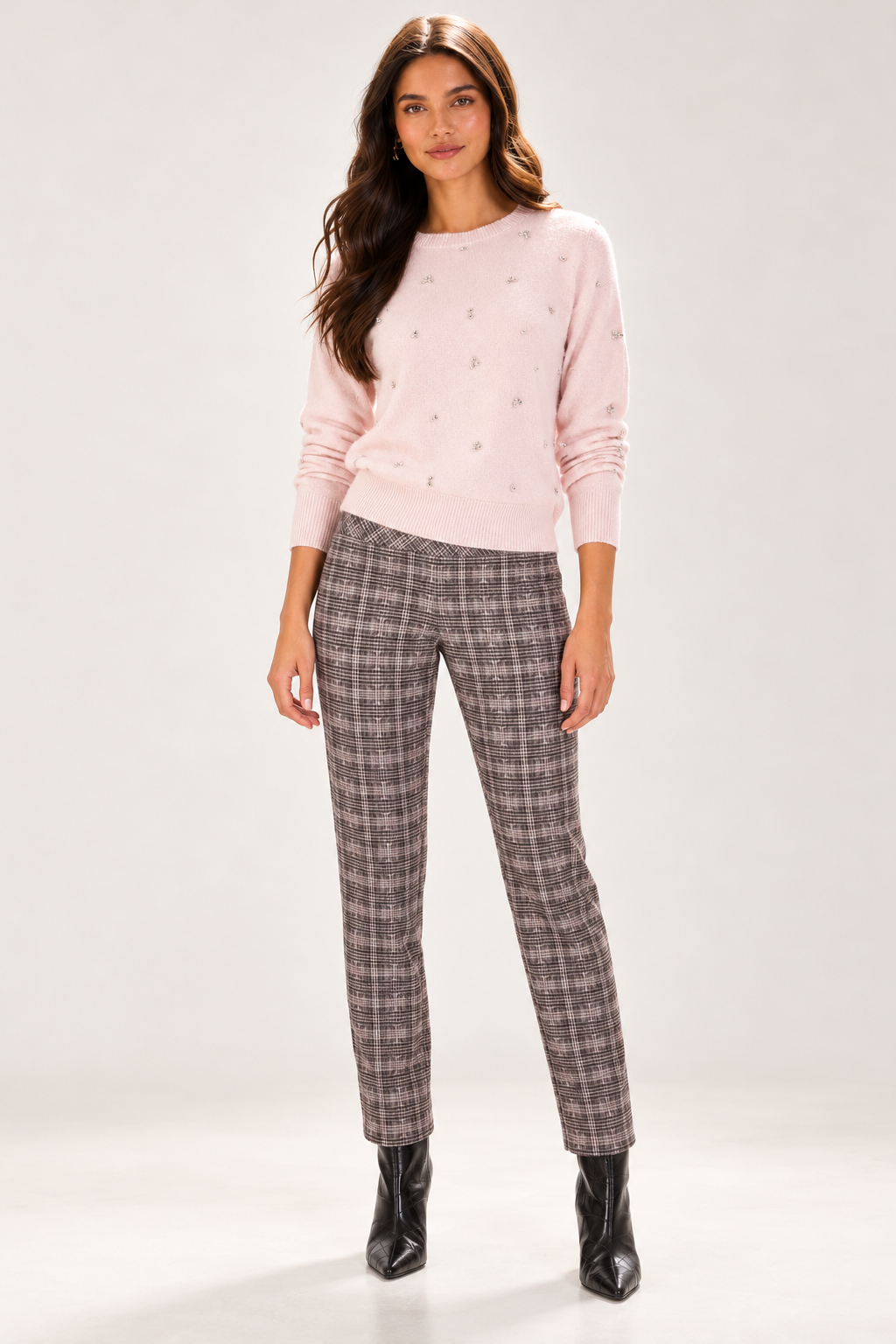 Frank Lyman 264406F Checked Ankle-Length Trousers – Pink & Grey