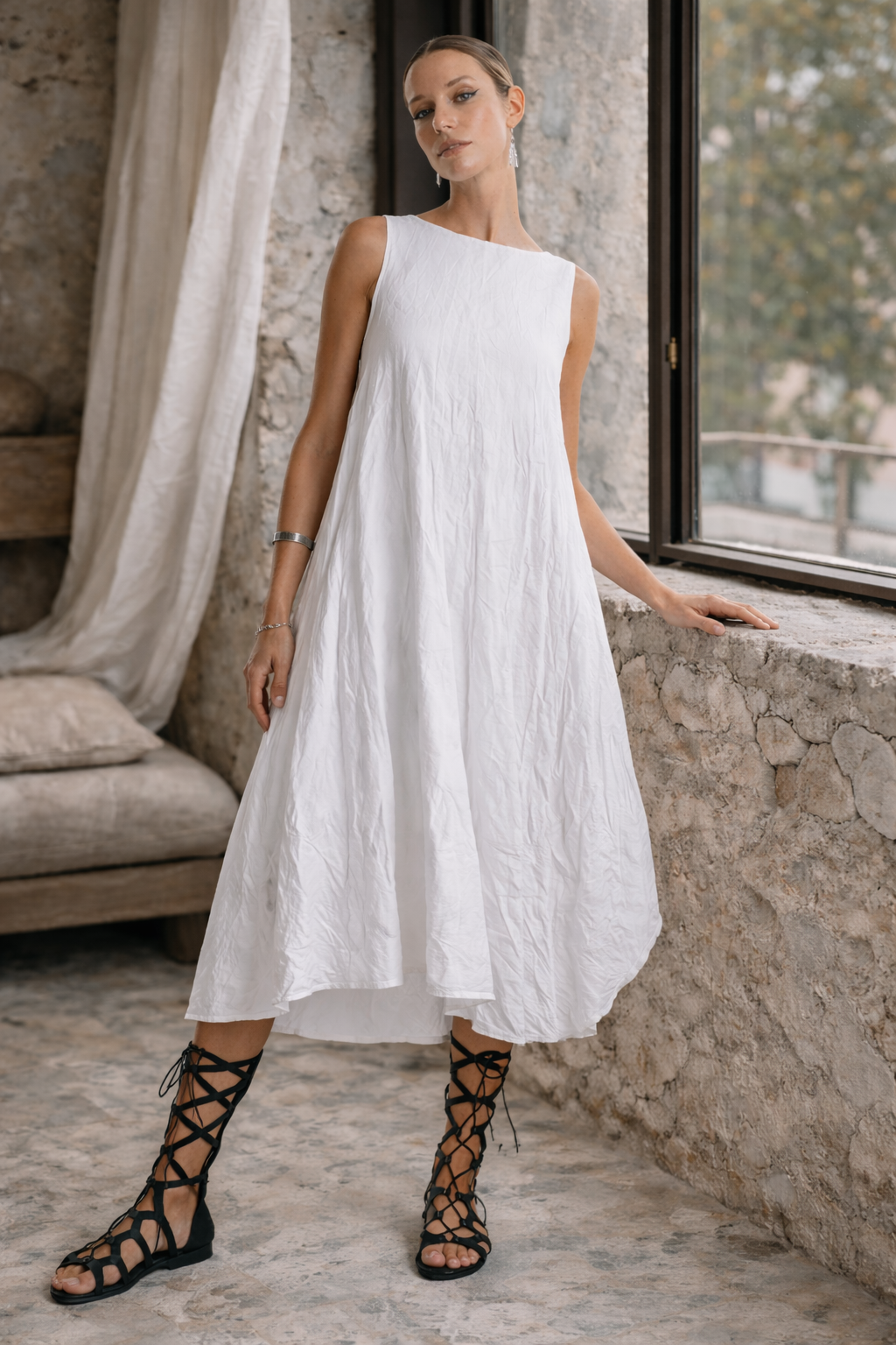 La Haine Inside Us Over Flared Crumpled Cotton Dress – Style W5378 Beige / White